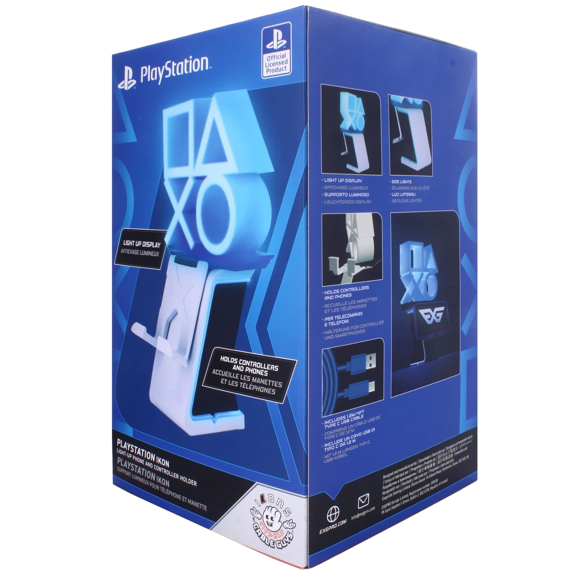 PlayStation Logo LED Gaming Phone & Controller Charging Holder with 4' Cable - Light Up Stand for PS5, Xbox, Mobile Devices - Perfect for Gaming Setups & Nighttime Charging (CGIKPS400452)