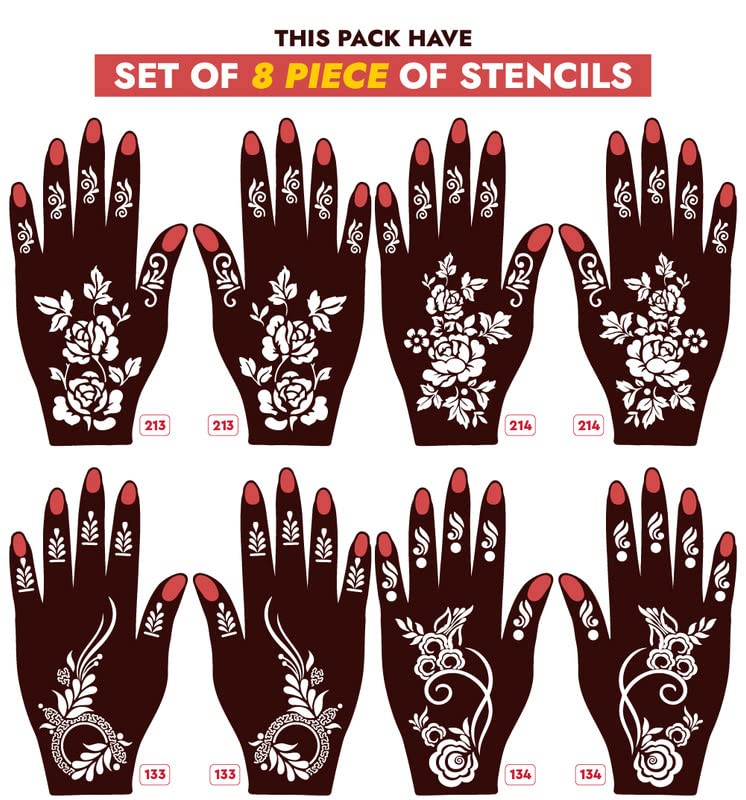 APCUTE Henna Stencil Kit - 8 Piece Full Hand Mehndi Design Set for Girls, Women & Kids | Easy to Use Temporary Tattoo Stickers for Parties, Weddings & Festivals (New Mehandi Designs 213-214-133-134)
