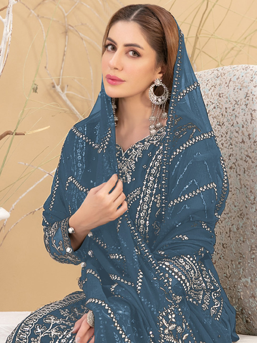 Elegant Blue Georgette Pant Suit with Exquisite Embroidery - Perfect for Weddings, Parties & Formal Events