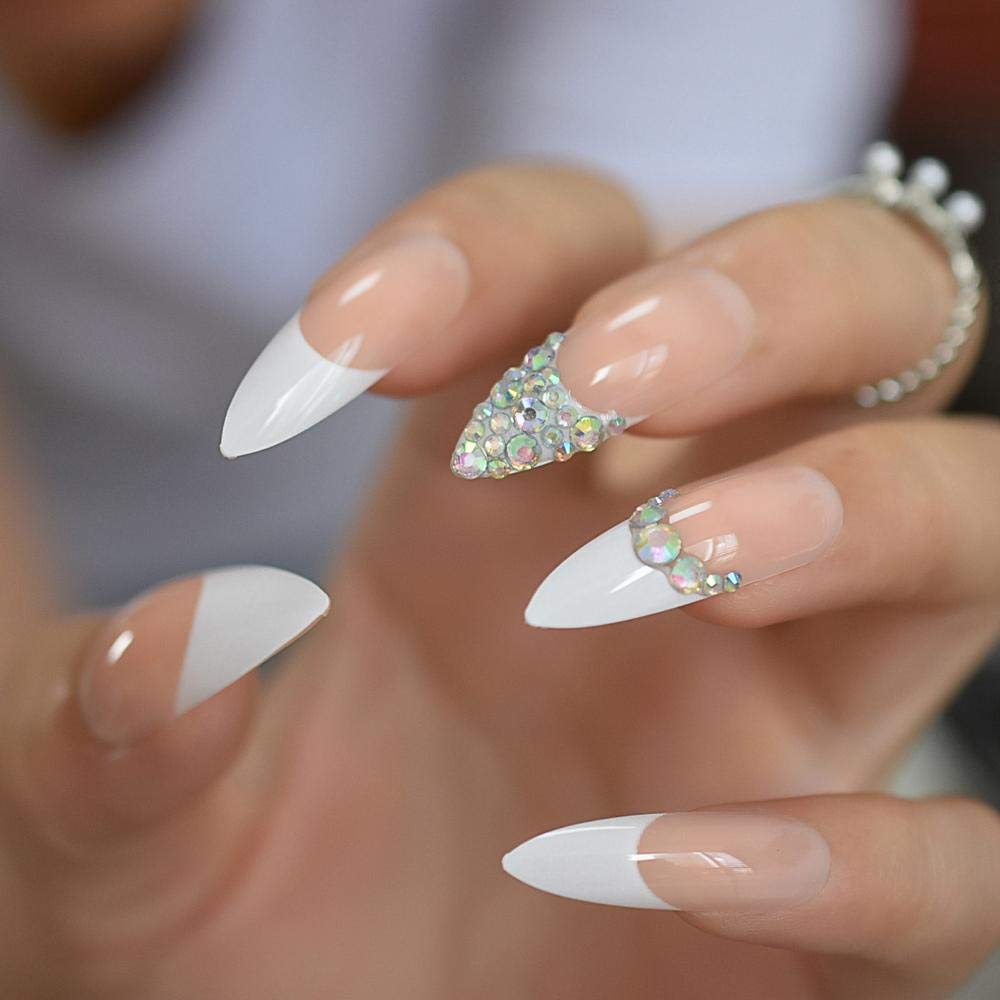 3D Rhinestone False Nails - Glamorous Ab Gemstone White French Tips, Super Long Press on Nails for Parties, Weddings & Special Events (24pcs) - Perfect for Nail Art, Cosplay and Night Out Looks