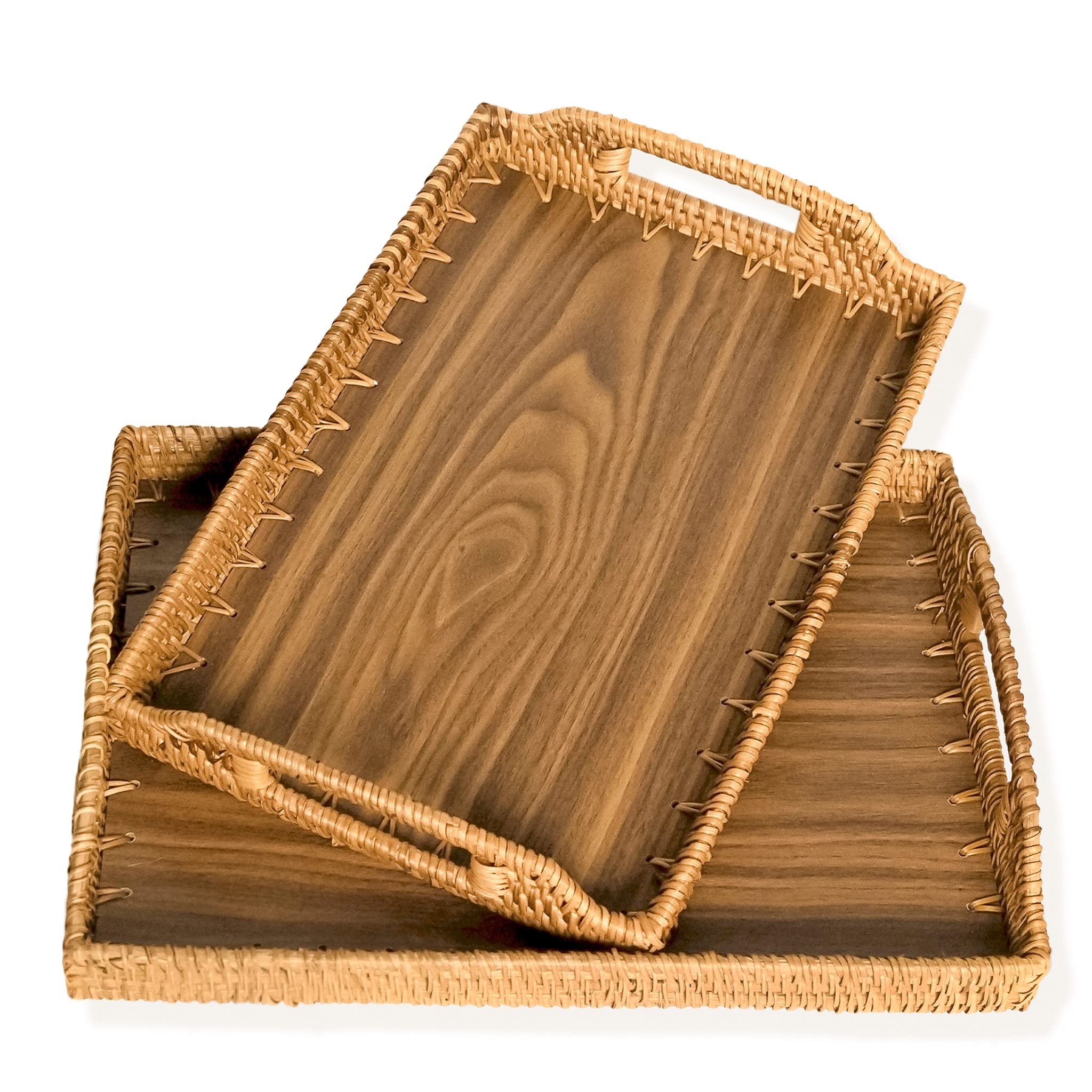 Natural Rattan Decorative Tray Set of 2 - Handwoven Wooden Coffee Table Tray, Ottoman Serving Tray, Vanity Organizer & Fruit Basket - Perfect for Living Room, Bedroom & Kitchen Decor
