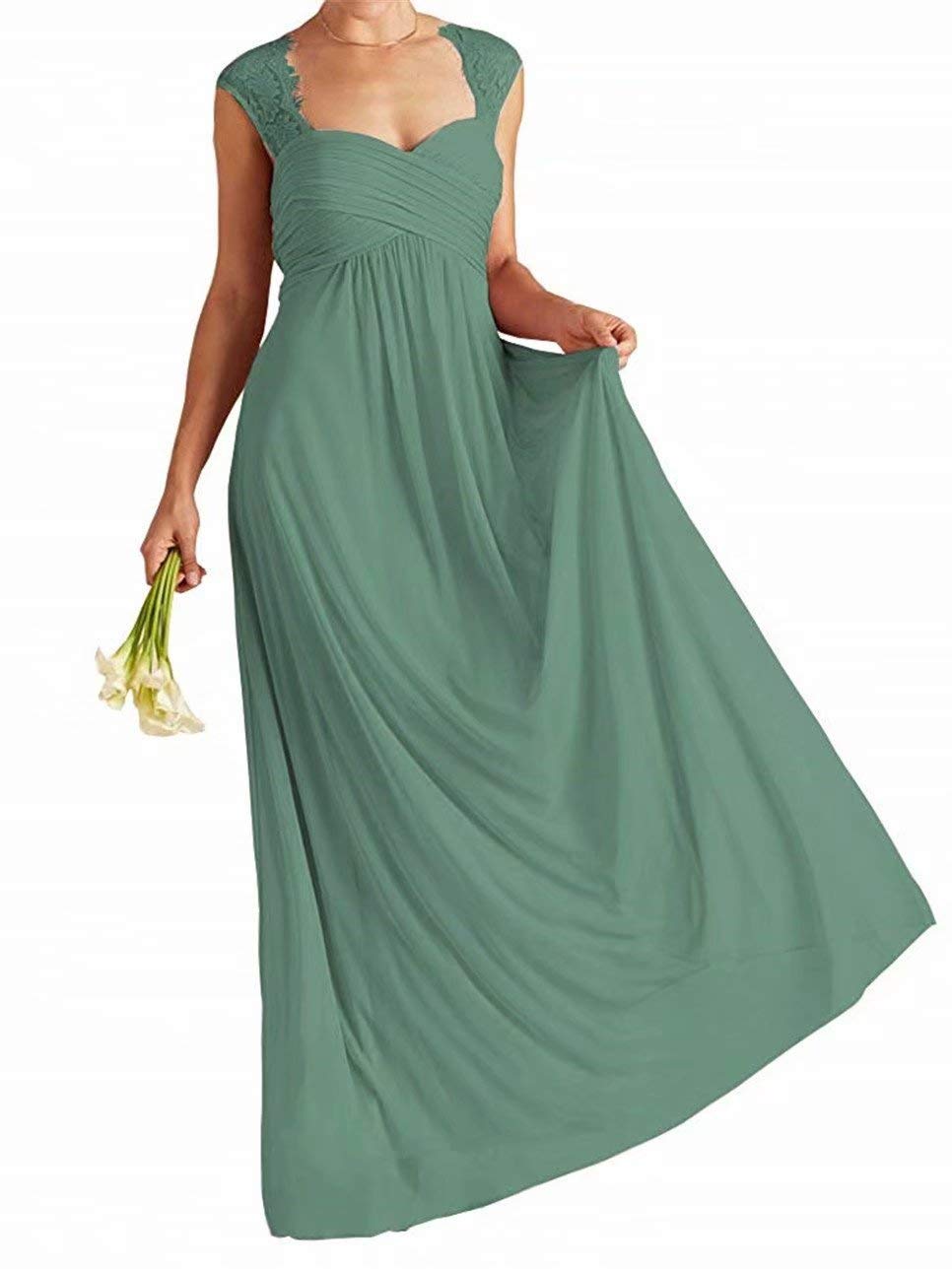 Elegant Long Chiffon Lace Cap Sleeve Bridesmaid Dress for Beach Wedding, Evening Prom & Formal Occasions - Women's Flowy Maxi Gown
