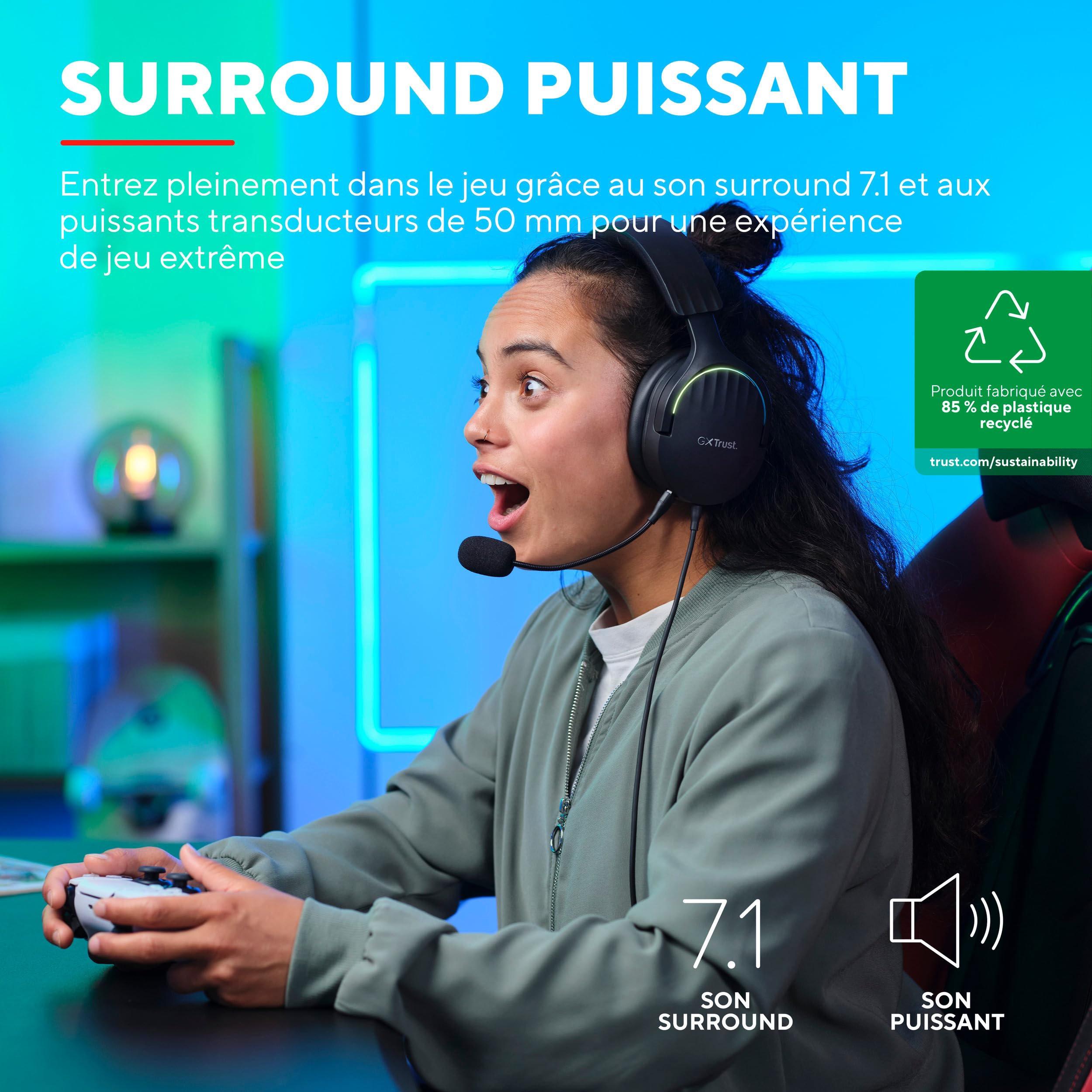 Trust Gaming GXT 490 Fayzo Wired Over-Ear Gaming Headset with 7.1 Surround Sound, 50mm Drivers, RGB Lighting, 85% Recycled Plastics - Noise-Canceling Mic for PC, PS5 (Black) - Perfect for Competitive Gaming & Immersive Audio Experience