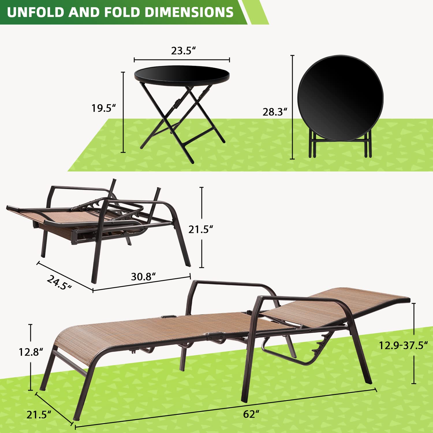 GUNJI 3-Piece Outdoor Patio Chaise Lounge Set - Adjustable Textilene Folding Pool Chairs with Tempered Glass Table (Brown) | Perfect for Backyard, Poolside, and Garden Relaxation