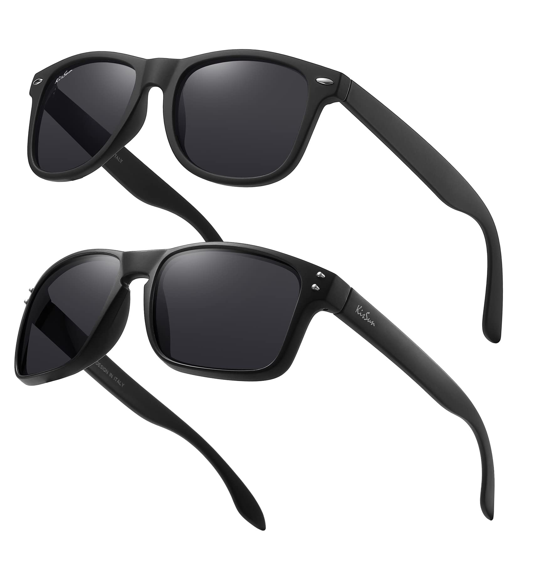KISSUN 2 Pack Matte Black Square Polarized Sunglasses for Men - UV400 Protection, Sports, Driving & Fishing - Lightweight Comfortable Frame for Outdoor Activities