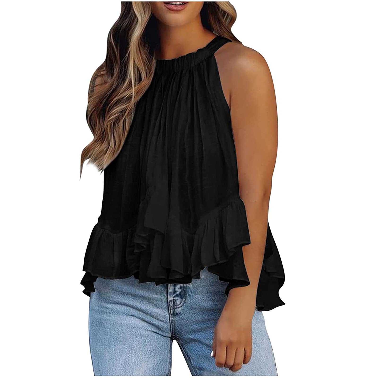 Stylish Women's Summer Tops - Sexy Halter Neck Sleeveless Pleated Cami Tank Tops | Casual Basic Tee Shirts for Beach, Party & Everyday Wear