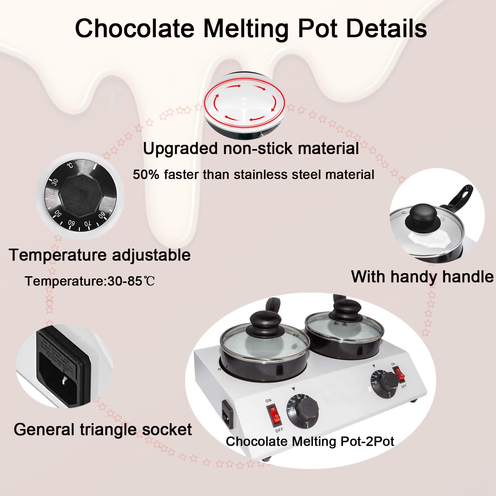 INTSUPERMAI 2-Pot Electric Chocolate Melter & Fondue Warmer - 110V 60Hz for Melting Chocolate, Candy, Butter, Cheese & Caramel - Perfect for Parties, Dessert Making & DIY Treats at Home