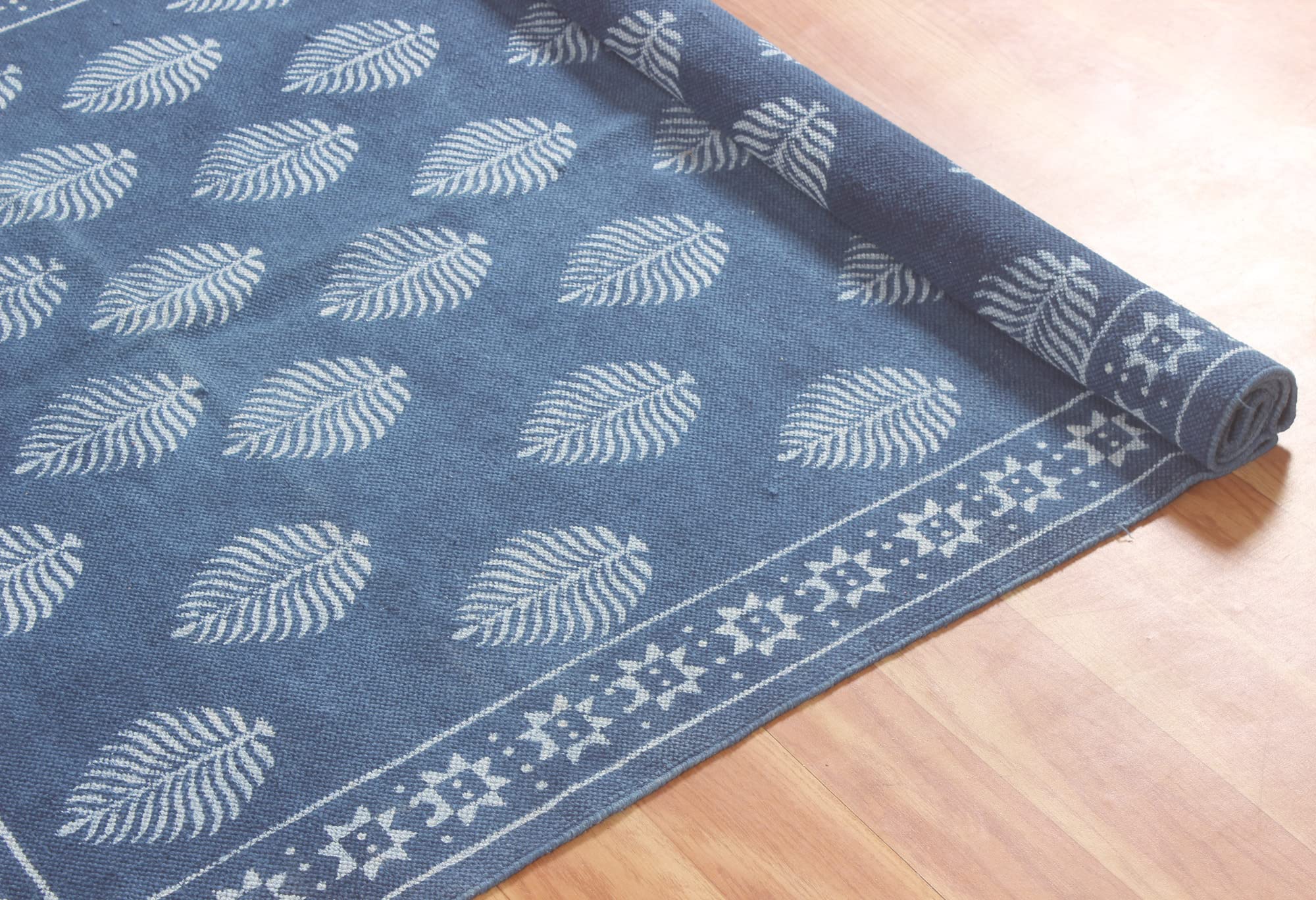 Hand Woven Pure Cotton Area Rug - Indigo Blue Floral Design with Tassels, Reversible Runner Rug (4x15 Feet) for Living Room, Bedroom, Laundry & Bathroom Floor Decor
