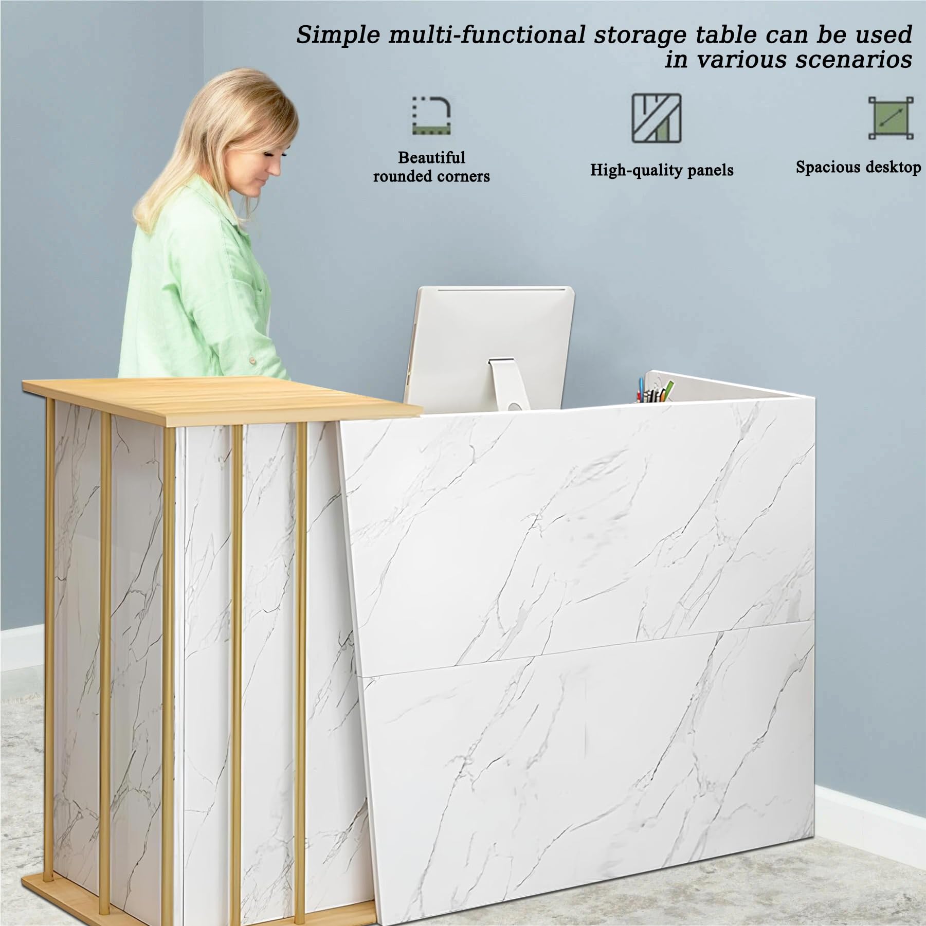 Modern Reception Counter Desk with Lockable Drawers - Office Computer Table & Storage Cabinet - Marble Texture White for Retail Stores, Beauty Salons, Lobbies & Checkout Areas - Perfect for Professional Workspaces & Customer Service Counters