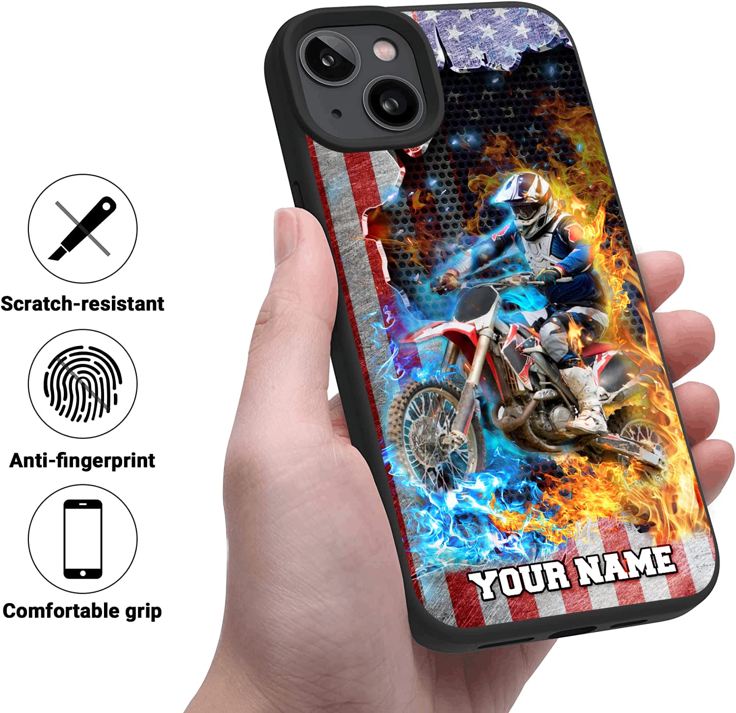 Custom Motorcycle Phone Case with American Flag & Personalized Name - Compatible with iPhone 16/15/14/13/12/11 Pro Max & Galaxy S25/S24/S23/S22/S21/S20 FE/Plus/Ultra/A-Series - Perfect Gift for Bikers & Motorcycle Enthusiasts - Ideal for Riding, Travel & Outdoor Adventures