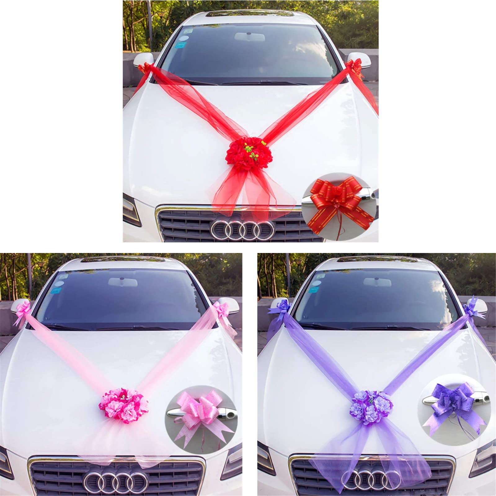 Artificial Silk Flowers with Ribbon Bows - Elegant Wedding Car Door Handle Decorations for Bridal Party, Ceremony & Special Events (Red) - Perfect for Wedding Cars, Reception Decor & Bridal Shower Accessories