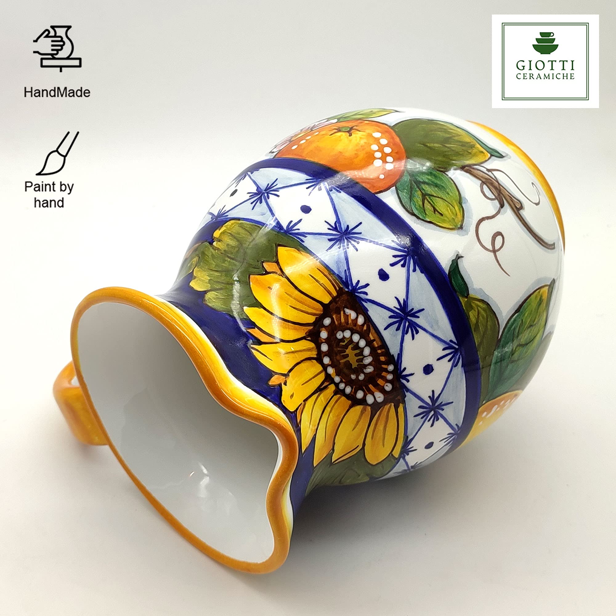 Italian Ceramic Pitcher with Sunflower Design - 33 oz Hand-Painted Kitchen Carafe & Utensil Holder - Tuscan Pottery Wine Dispenser - Home Decor Vase Made in Italy | Perfect for Farmhouse Kitchens, Wine Serving & Rustic Home Decor