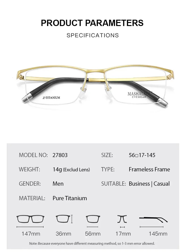 Titanium Semi-Rimless Eyeglasses for Men - Lightweight & Durable Browline Glasses (Model 278034) | Perfect for Office, Reading & Everyday Use