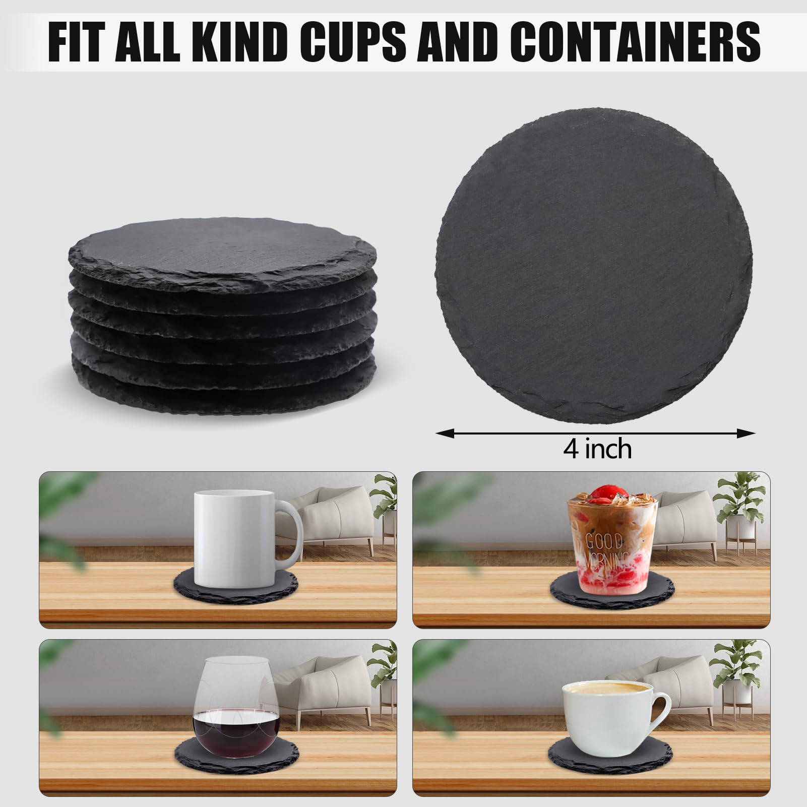 6 Pack Black Slate Drink Coasters - 4 Inch Round Stone Coasters with Laser Engraving & Anti-Scratch Bottom - Perfect for Coffee Bars, Kitchen, Home Decor & Gift Giving