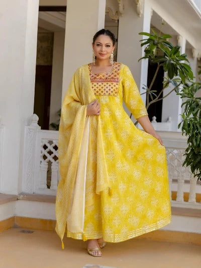 Plus Size Yellow Embroidered Anarkali Kurta & Dupatta Set for Women | Traditional Indian Ethnic Dress for Festivals, Weddings & Special Occasions