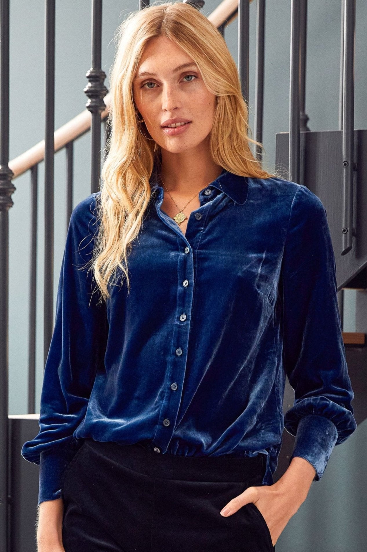 Ffion Velvet Shirt for Women - Soft Luxe Stretch Fabric, Blue Sapphire Color, Elegant Long Sleeve Blouse for Office, Date Night & Special Occasions