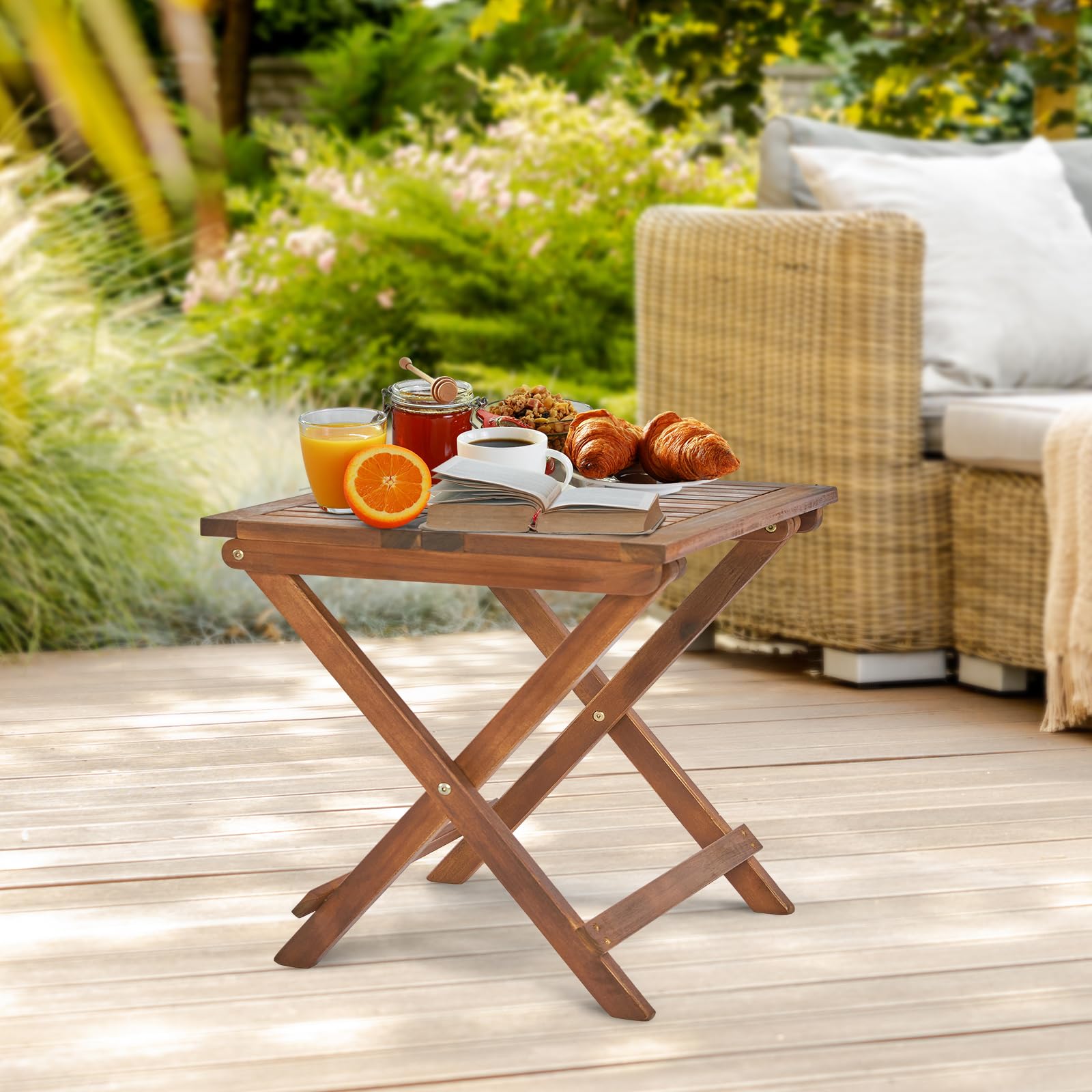 Outvita Outdoor Side Table - Small Acacia Wood Patio Table with Square Folding Frame, Waterproof & Space Saving - Perfect for Patio, Backyard, Balcony, Pool & Porch - Weather Resistant Outdoor Furniture for Relaxing & Entertaining