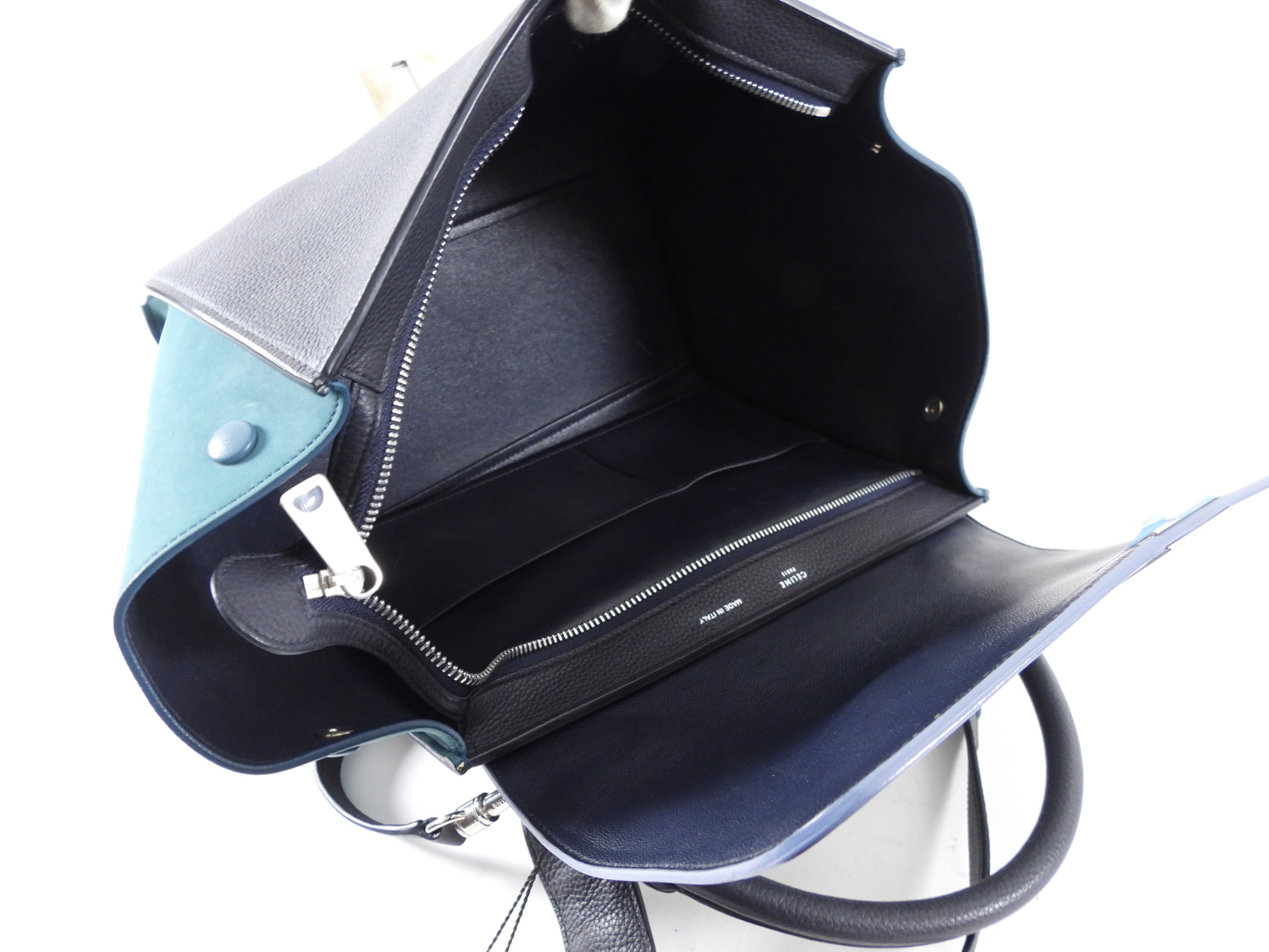 Celine Small Tri-Color Blue Trapeze Handbag with Silver Hardware - Perfect for Work, Travel & Everyday Use