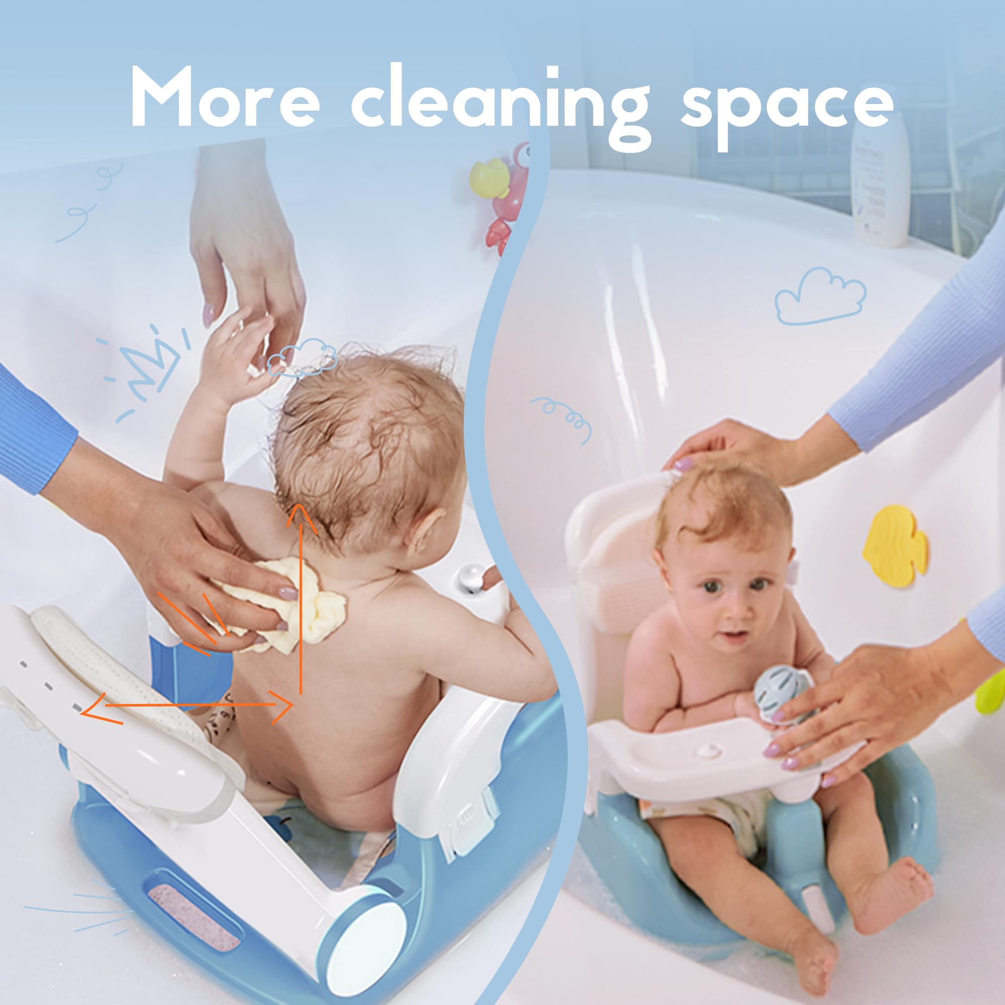 BabyBond 2-in-1 Baby Bath Seat with Sitting & Lying Positions - Adjustable 3-Speed Shower Head, Includes 3 Bath Toys & Strong Suction Cups - Safe Infant Bathtub Chair for Newborns to Toddlers (Blue) - Perfect for Bath Time Fun and Learning