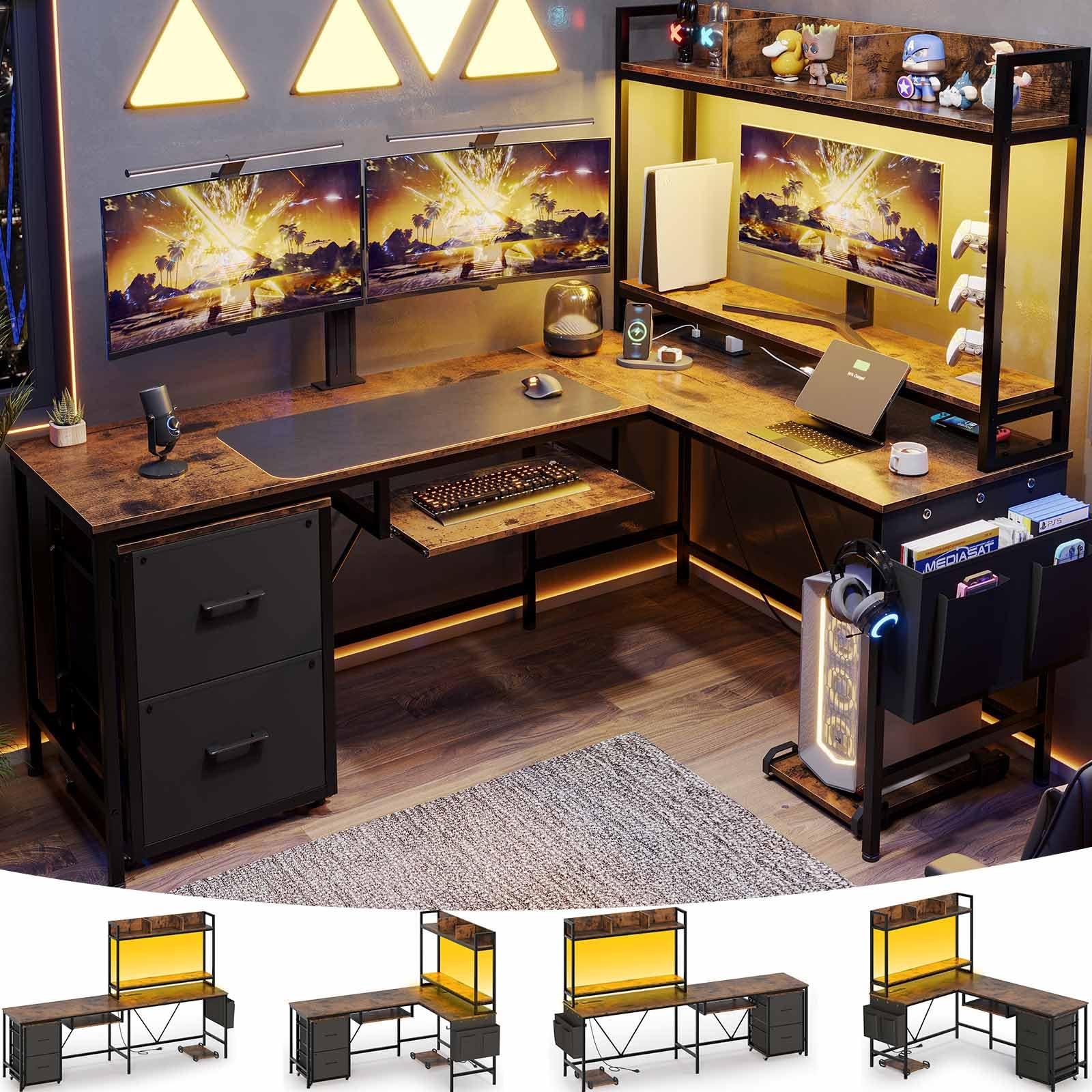 Ergonomic L-Shaped Gaming Desk with Reversible Keyboard Tray & Built-in Power Outlet - 67
