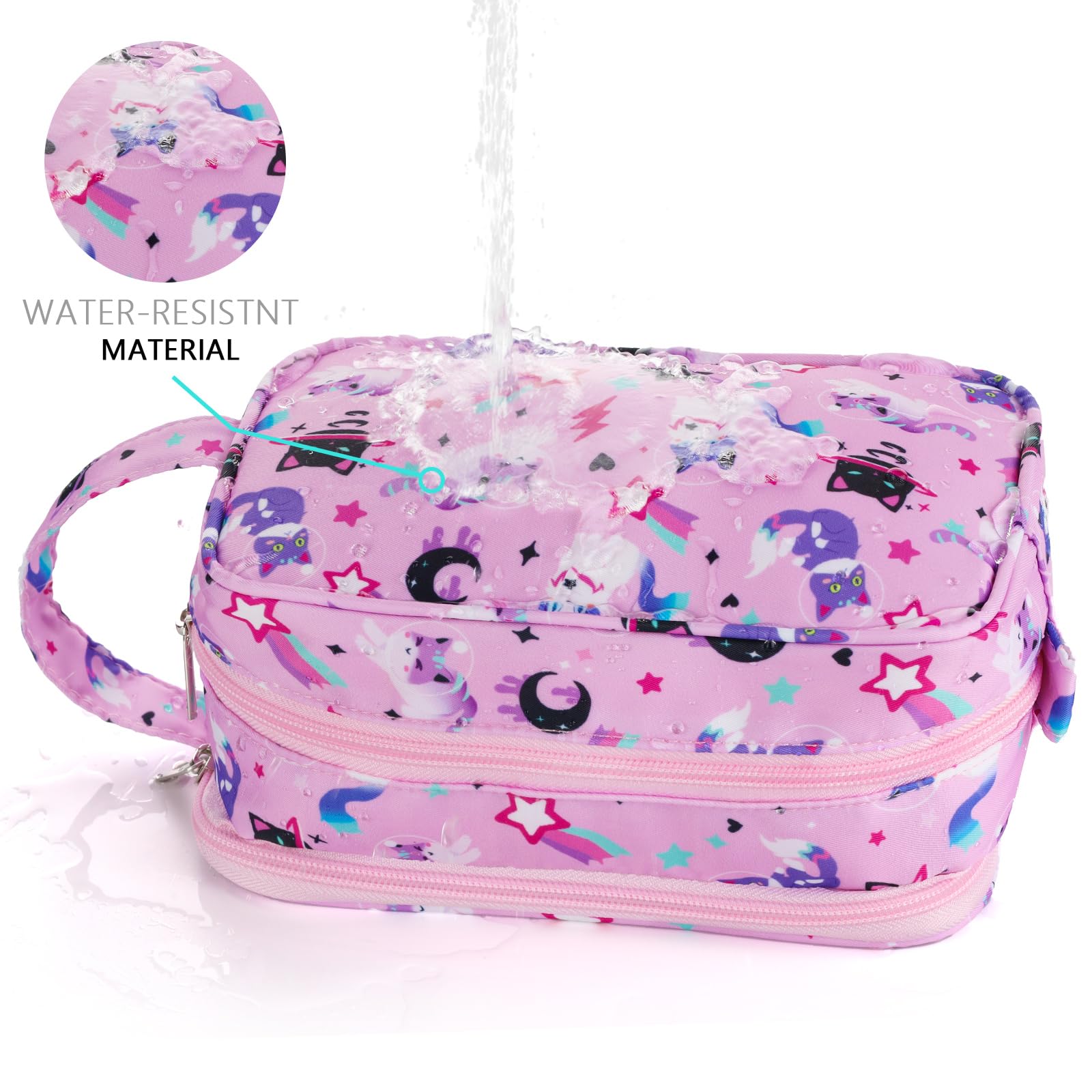 Waterproof Hanging Toiletry Bag for Girls - Cute Cat Pink Cosmetic & Makeup Travel Organizer for Toddlers & Kids - Perfect for School Trips, Sleepovers & Family Vacations
