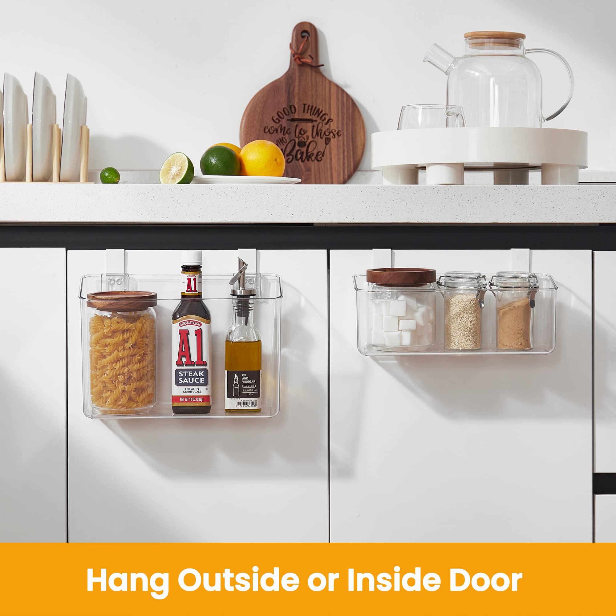 Vacane Clear Plastic Over Cabinet Door Organizer with Removable Hooks - Hanging Storage Baskets for Kitchen, Pantry & Bathroom - Space Saving Organizer for Spices, Utensils & Toiletries (Fits Inside or Outside Cabinet Doors) - Perfect for Small Space Organization & Clutter-Free Homes