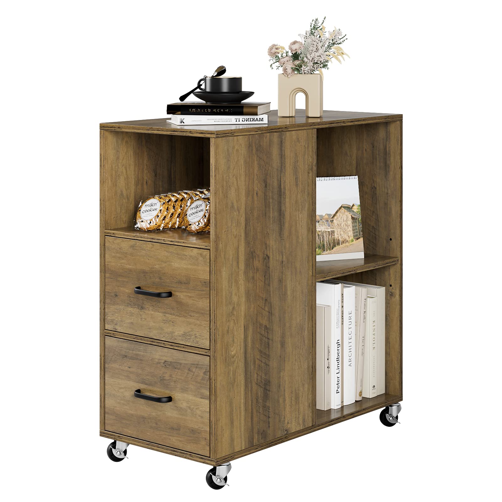 Modern Mobile End Table with Drawer & Adjustable Shelf - Rolling Nightstand with Wheels, Rustic Brown Side Table for Bedroom & Home Office - Easy Assembly Storage Cabinet for Files & Essentials - Perfect for Small Spaces, Dorm Rooms & Apartment Living
