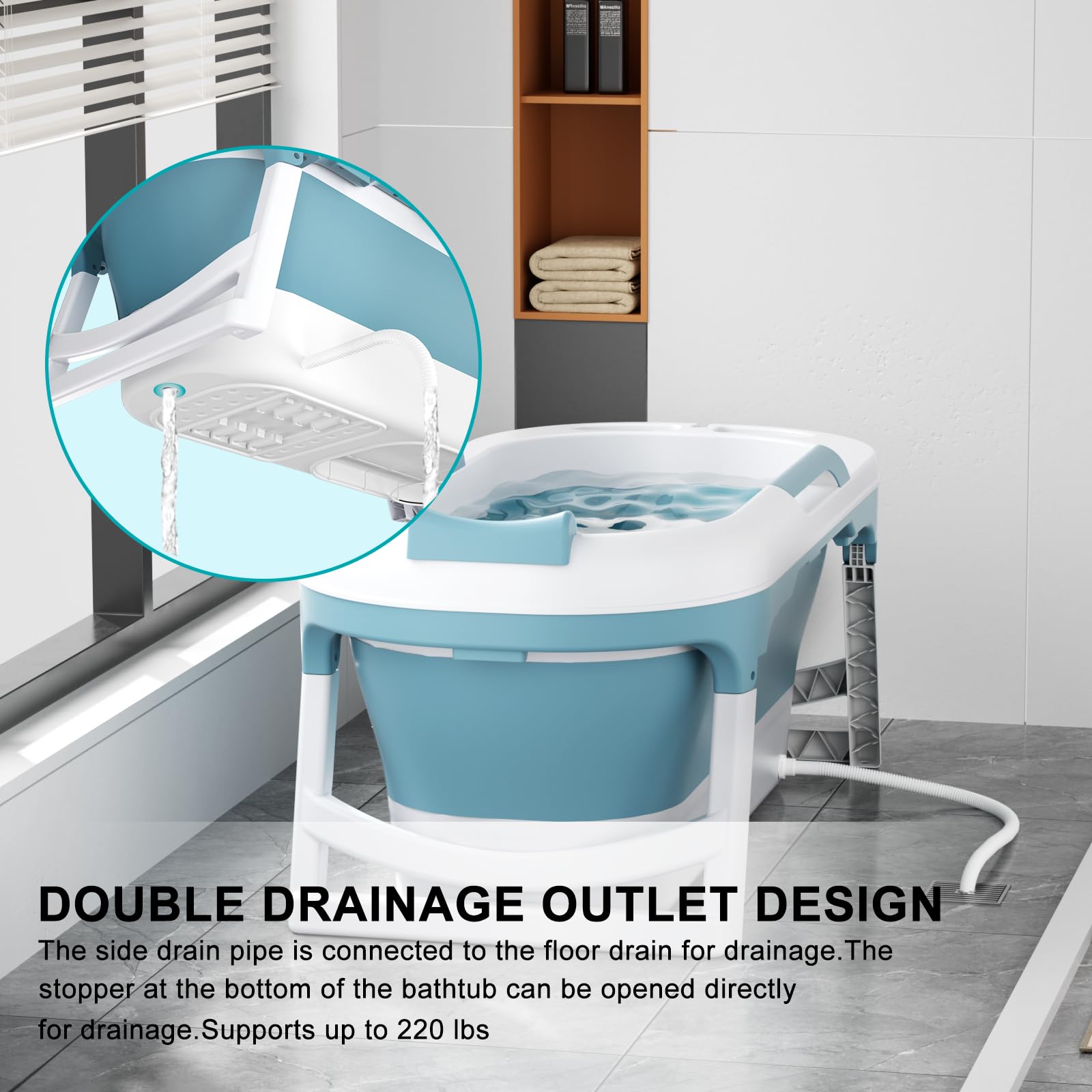 KAIYAN 55 Inch Portable Foldable Bathtub for Adults - Collapsible Freestanding Soaking Tub with Lid & Neck Pillow - Perfect for Hot Baths, Ice Baths, Steam Therapy & Relaxation at Home (Blue)