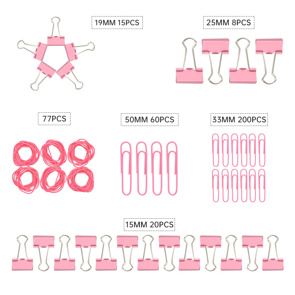 380 PCS Pink Binder Clips & Paper Clips Set - Assorted Sizes Office Supplies with Rubber Bands for Organizing Files, Documents, School Projects & Home Office Use