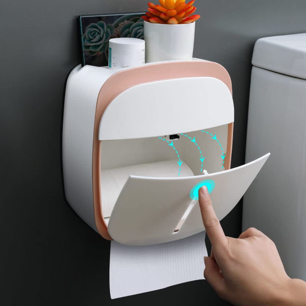 Waterproof Wall Mounted Toilet Paper Holder with Drawer - Bathroom Tissue Storage Shelf - No Drill Installation - Pink - Perfect for Small Bathrooms, RVs & Apartments
