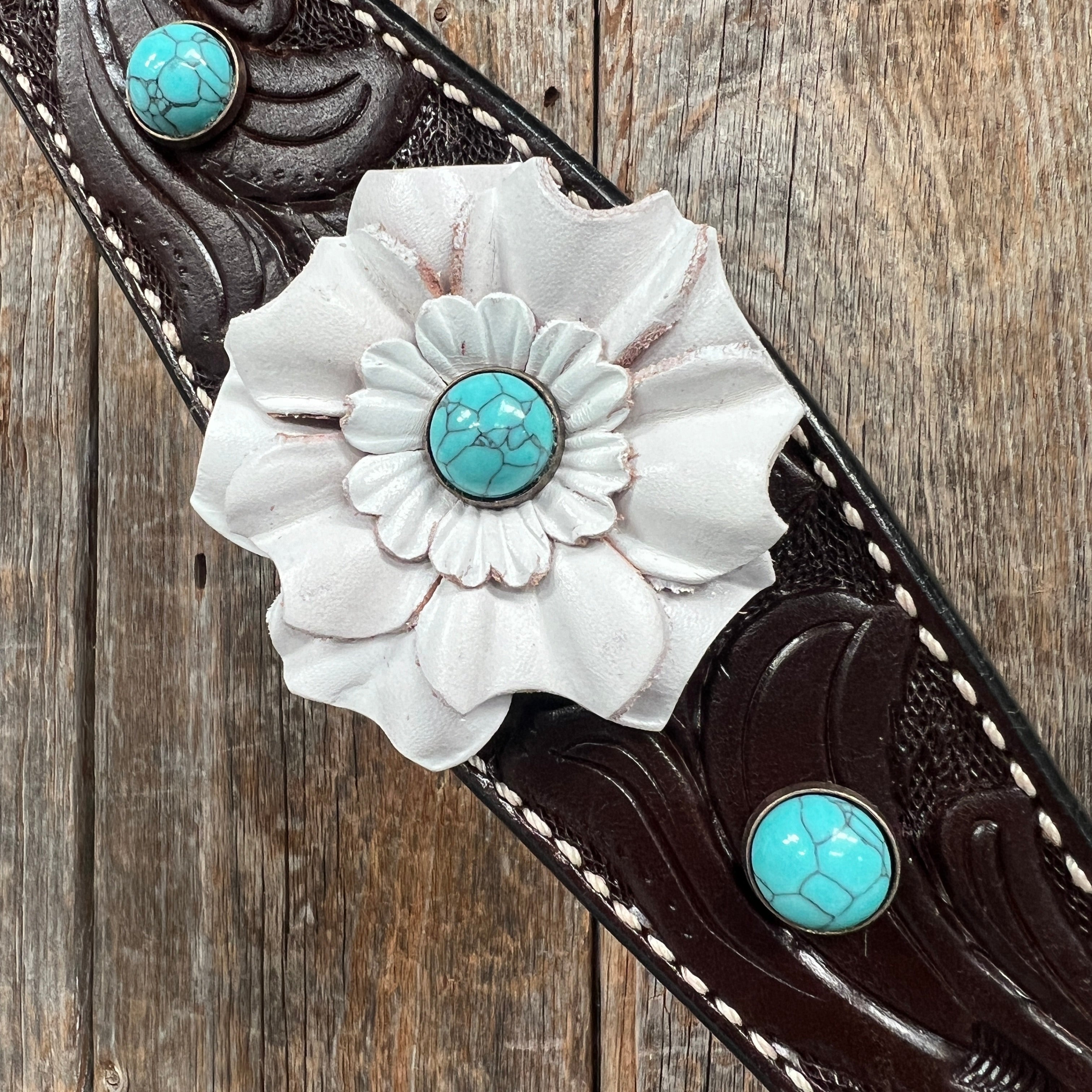 Dark Oil Floral Turquoise Cabochon Browband & Breastcollar Tack Set for Horses - Western Show Bridle Accessories | Perfect for Rodeo, Trail Riding & Equestrian Events #BBBC598