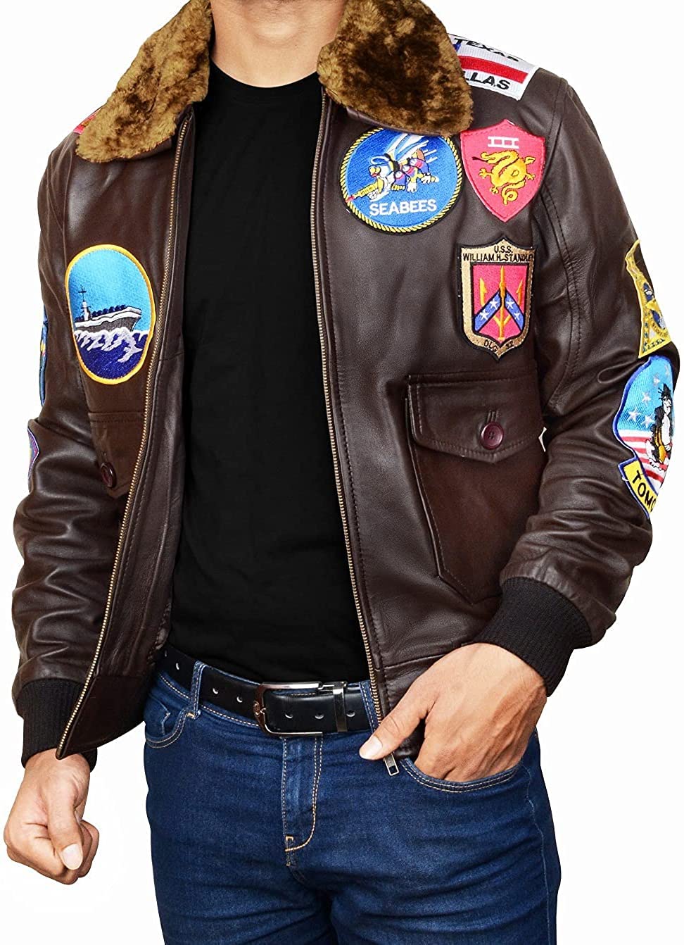 Men's Tom Cruise Aviator Pilot Jacket - G-1 Bomber Leather Coat with Fur Collar & Multiple Patches | Maverick Style Flying Costume | Perfect for Halloween, Cosplay & Movie Enthusiasts