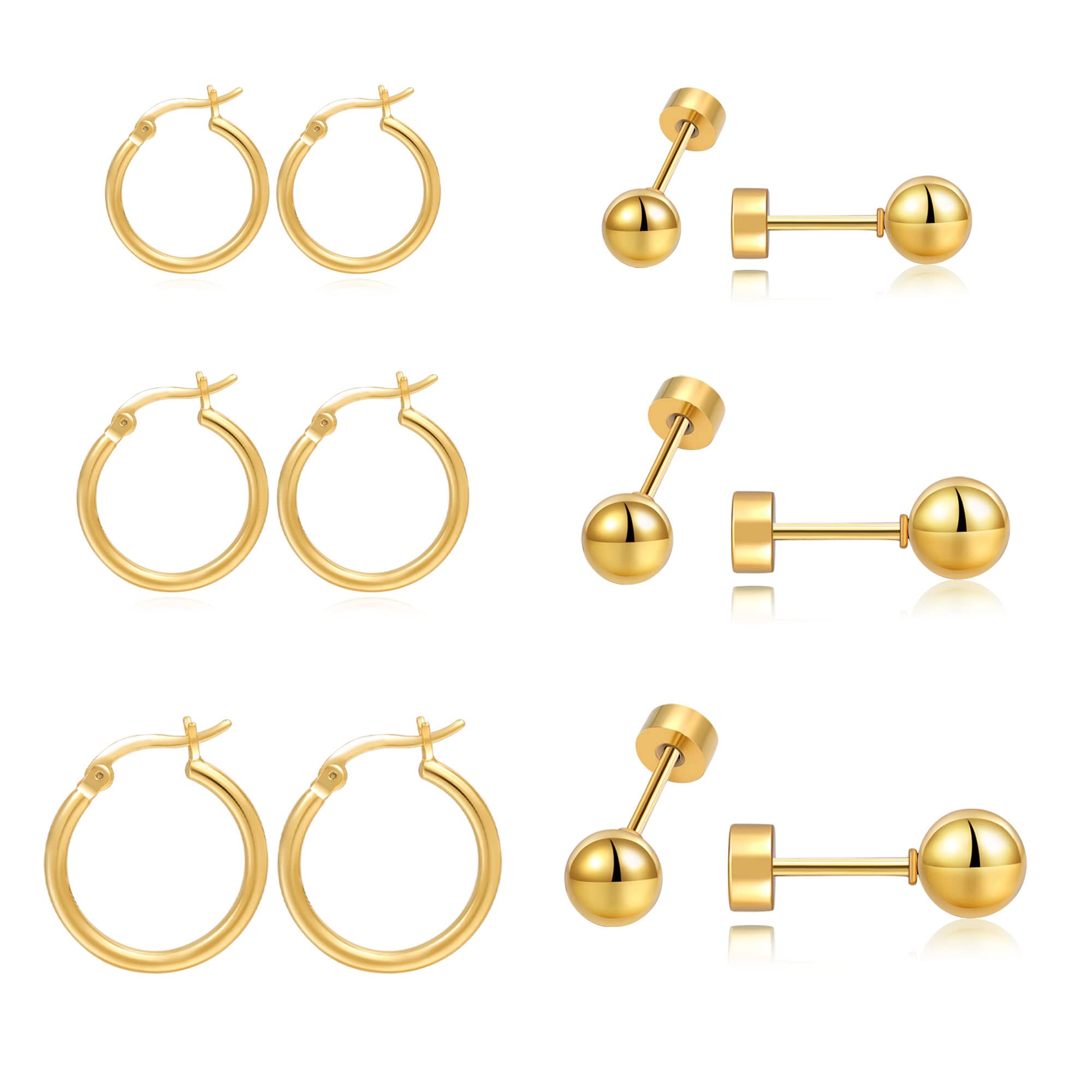 10 Pairs Small Hoop Earrings for Women - Stainless Steel Hypoallergenic Flat Back Stud Earrings - Mini Ball Cartilage Tiny Gold Hoop Earrings Set for Girls, Women & Men (2/3/4/5/6 + 8/10/12/14/16mm) - Perfect for Everyday Wear, Gifts & Pierced Ears | EXGOX