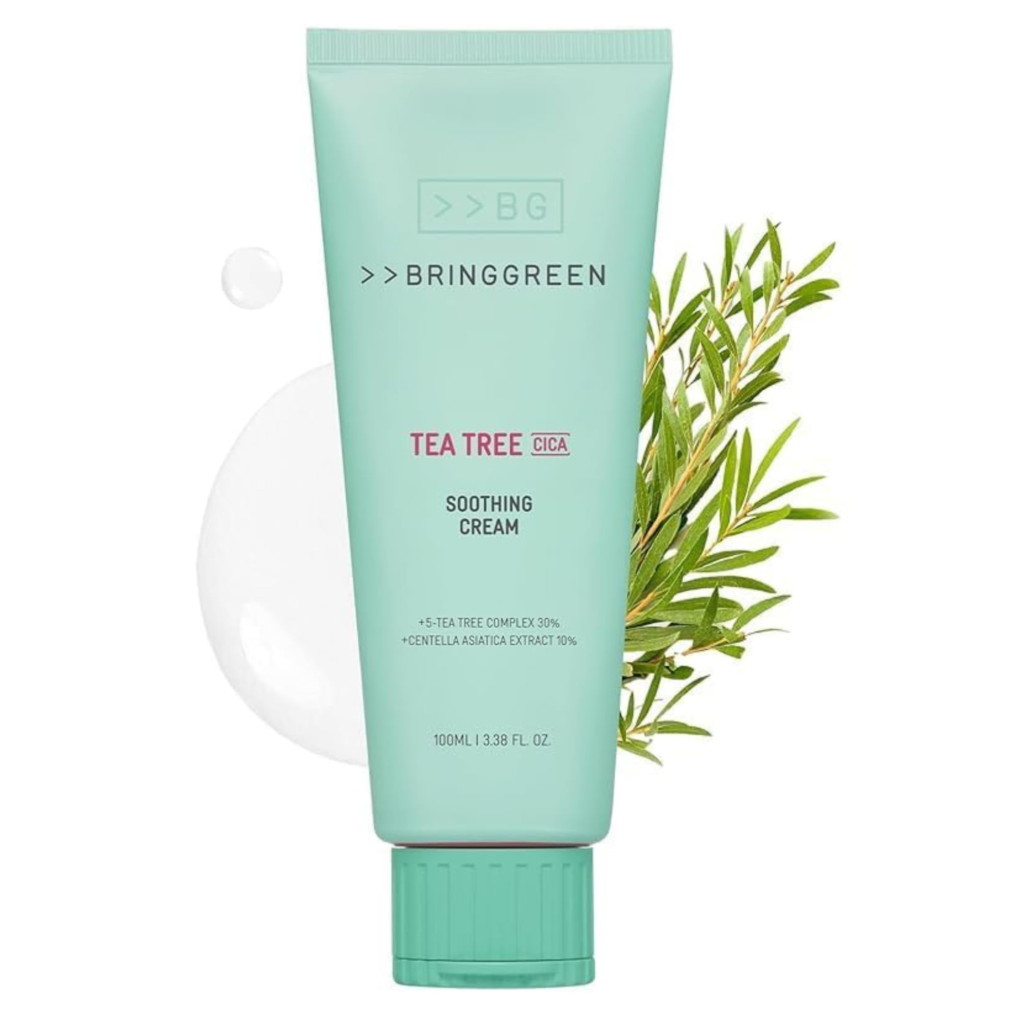 BRING GREEN Tea Tree Cica Soothing Cream 100ml - Korean Skin Care for Acne, Blackheads & Pores | Calming Moisturizer for Sensitive & Troubled Skin | Face Cream for Daily Hydration & Redness Relief | Perfect for Post-Shaving & Sunburn Recovery