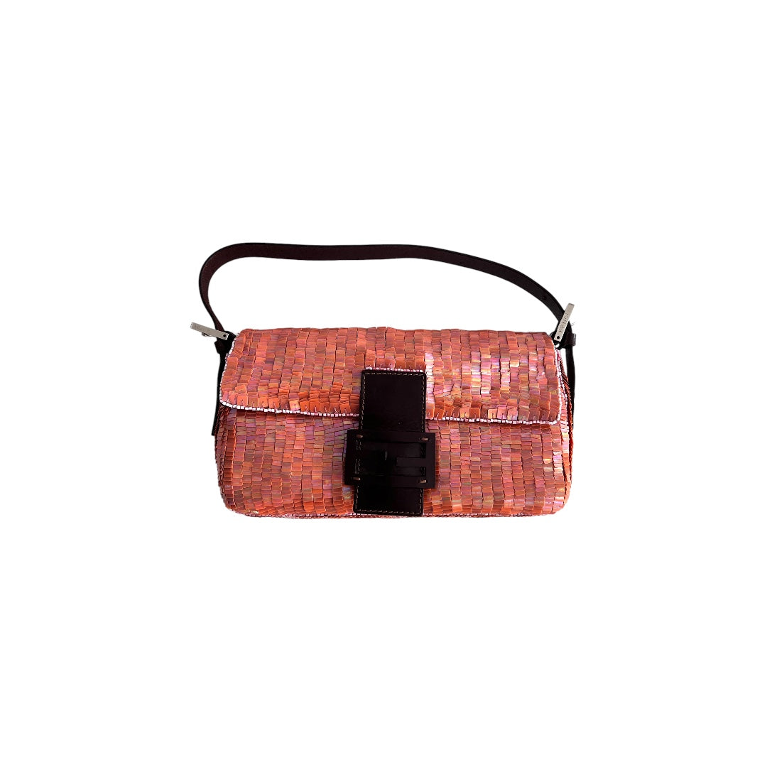 Pre-Owned Fendi Peach Pink Sequin Baguette Shoulder Bag | Vintage Designer Handbag for Women | Perfect for Parties, Weddings & Evening Events