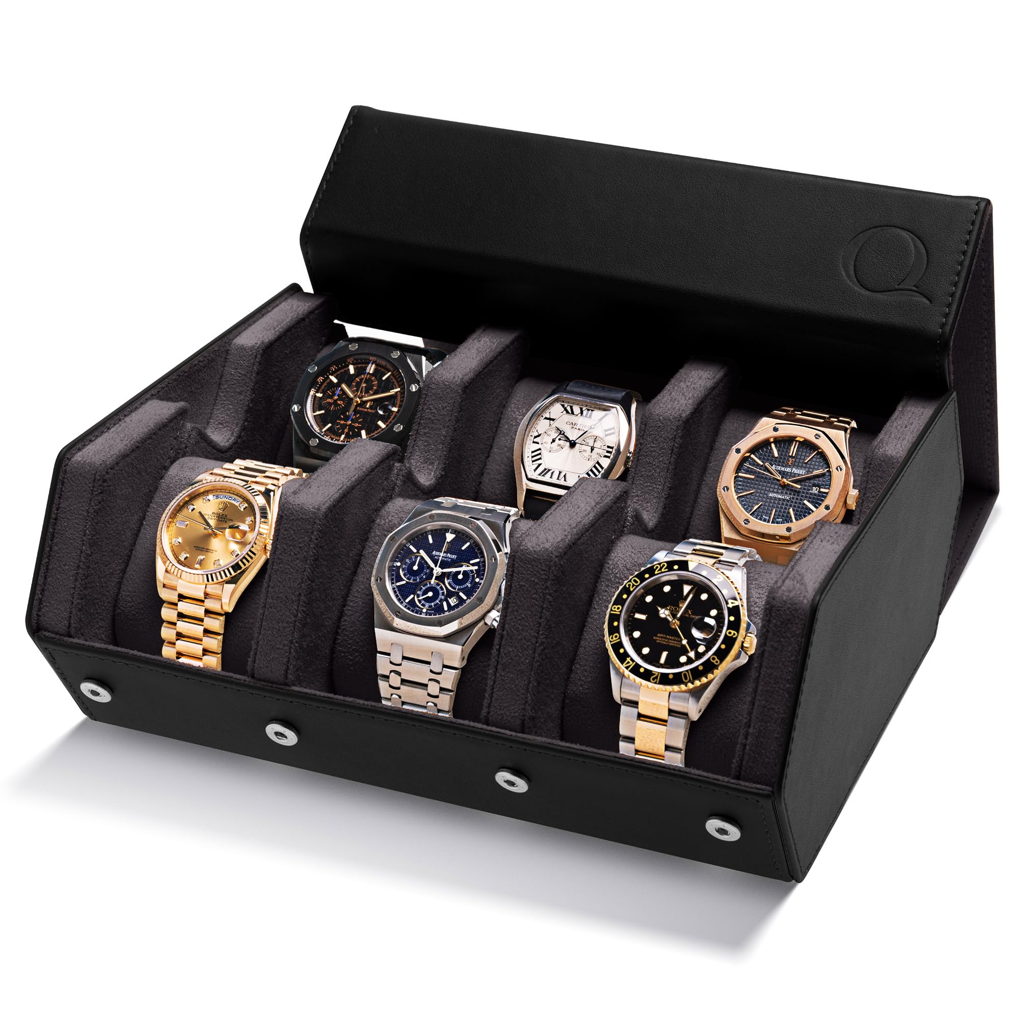 Premium Napa Leather Watch Case for Men - 6 Slot Luxury Watch Roll Organizer & Display Box - Travel & Home Storage for Men's Watches - Black Charcoal Watch Holder (Perfect for Business Travel, Watch Collectors & Gift Giving)
