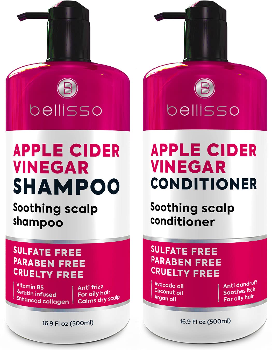BELLISSO Apple Cider Vinegar Shampoo & Conditioner Set - Natural Anti Dandruff, Moisturizing & Nourishing Hair Care for Shine & Scalp Soothing - Paraben Free for Women & Men - Perfect for Dry, Itchy Scalp & Damaged Hair
