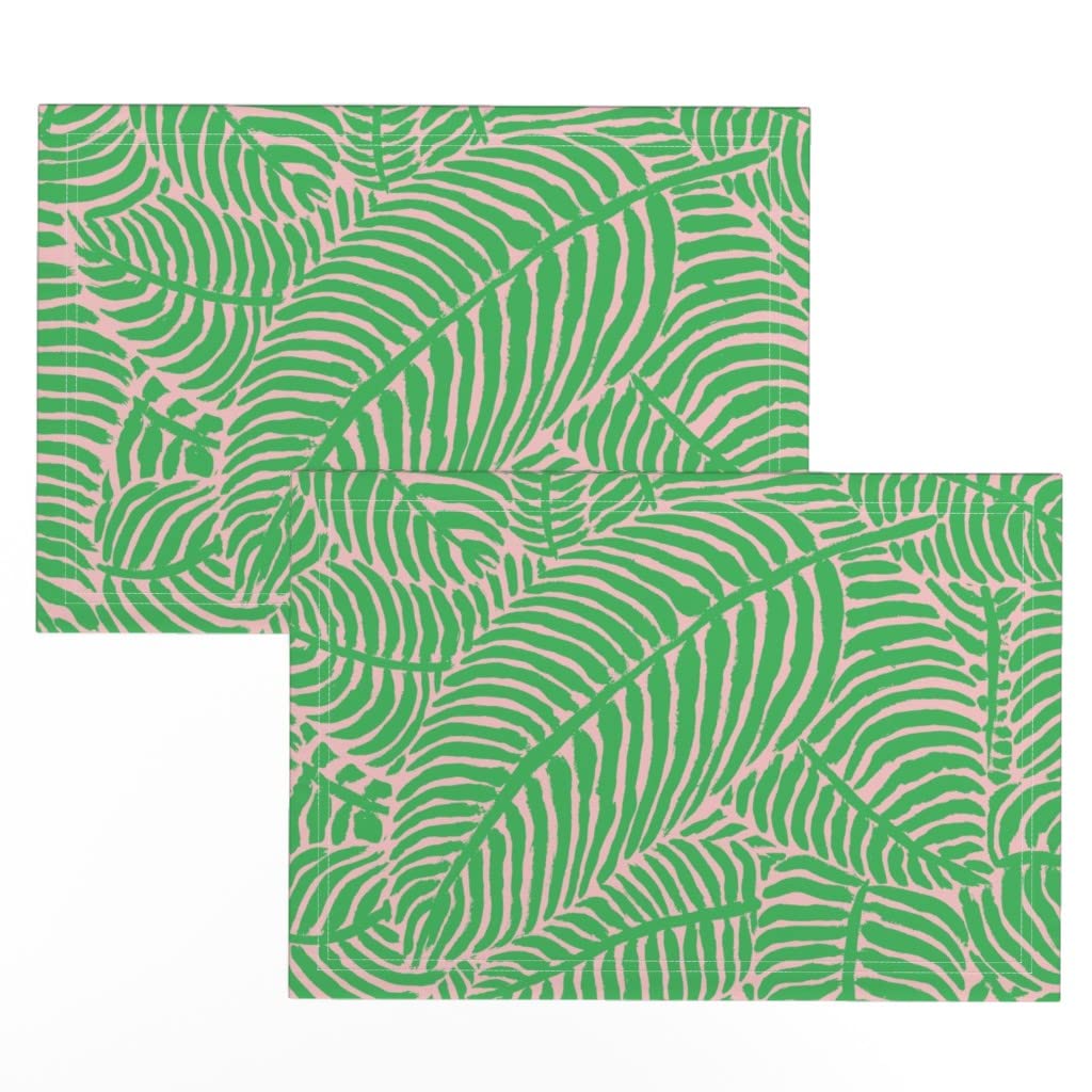 Premium Linen Cotton Canvas Placemats Set of 2 - Tropical Palm Beach Green & Pink Retro Vintage Design for Dining Table Decor | Perfect for Beach House, Boho Kitchen, and Summer Entertaining