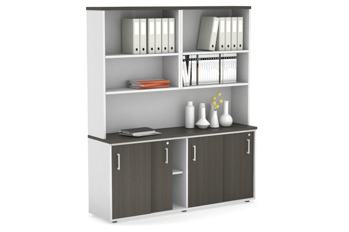 Modern White Sliding Door Credenza with Open Hutch - 1600W x 750H x 450D - Perfect for Home Office, Living Room & Bedroom Storage Organization