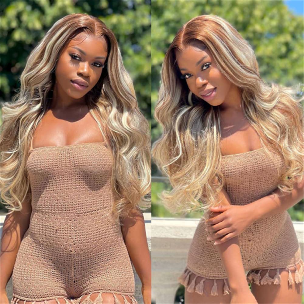 Ombre Blonde & Brown Highlight 20 Inch Human Hair Lace Front Wig - 5x5 Straight Lace Closure Wig for Black Women - Perfect for Daily Wear, Cosplay, and Special Occasions