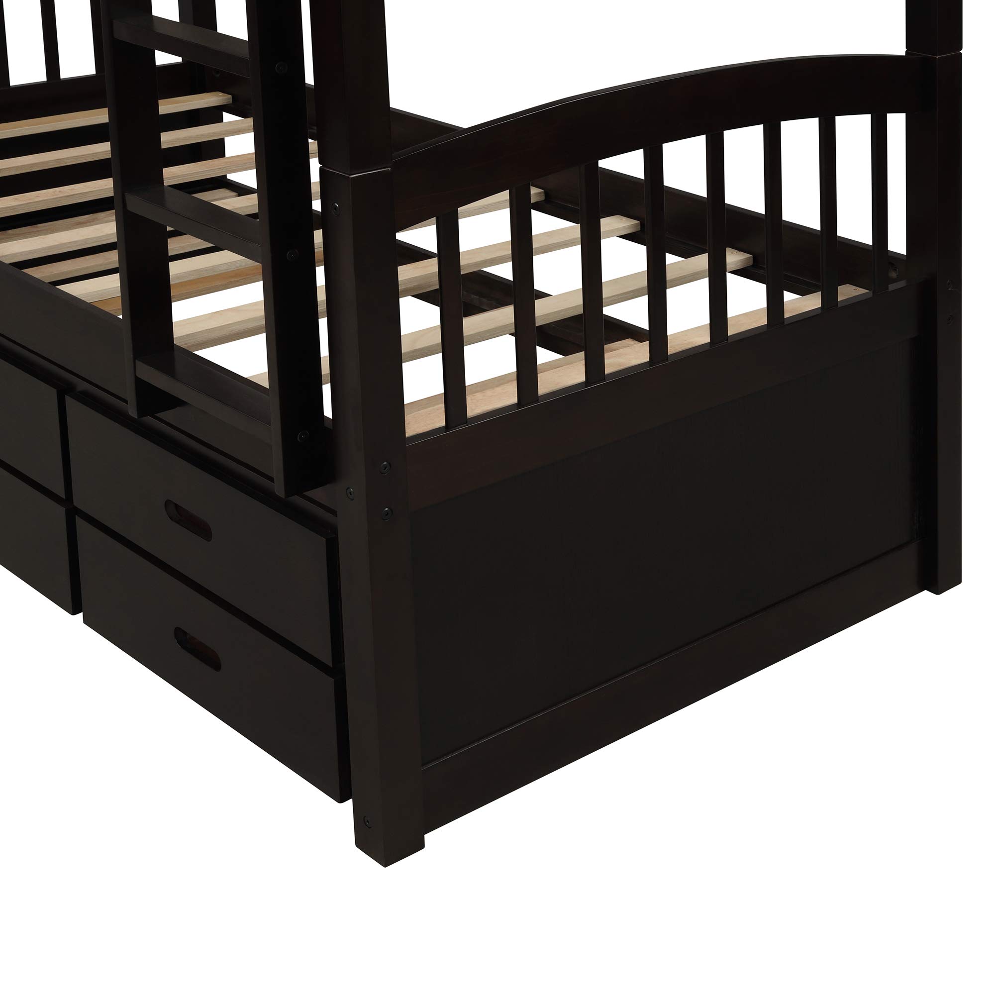JULYFOX Twin Over Twin Bunk Bed with Trundle and 3 Storage Drawers - Solid Hardwood Space-Saving Bunk Bed with Ladder - Perfect for Kids' Bedrooms, Guest Rooms, and Small Spaces (Espresso Finish)