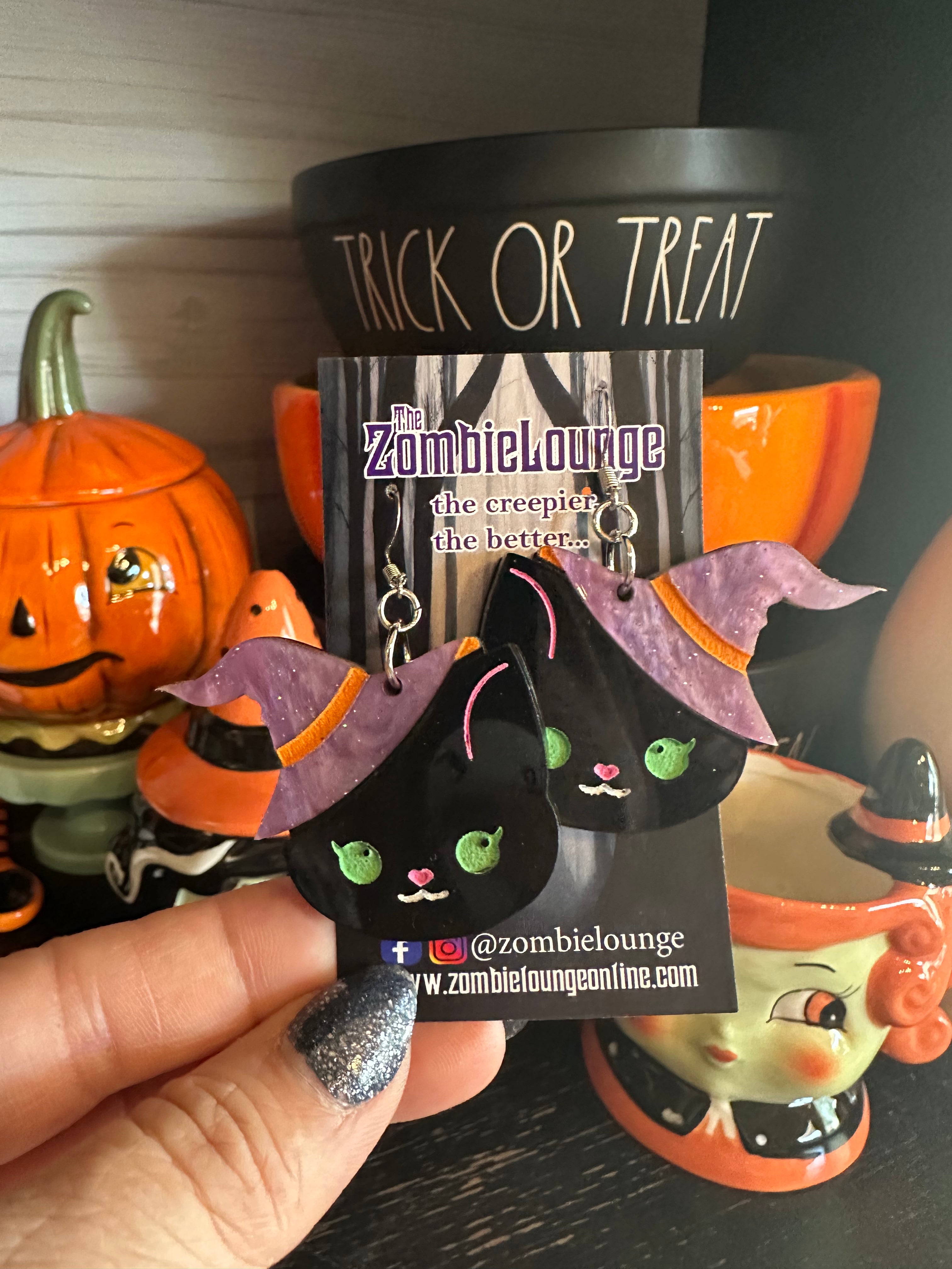 Witch Kitty Earrings - Cute Black Cat Stud Earrings for Women | Halloween Jewelry, Gothic Accessories, Kawaii Gift for Cat Lovers