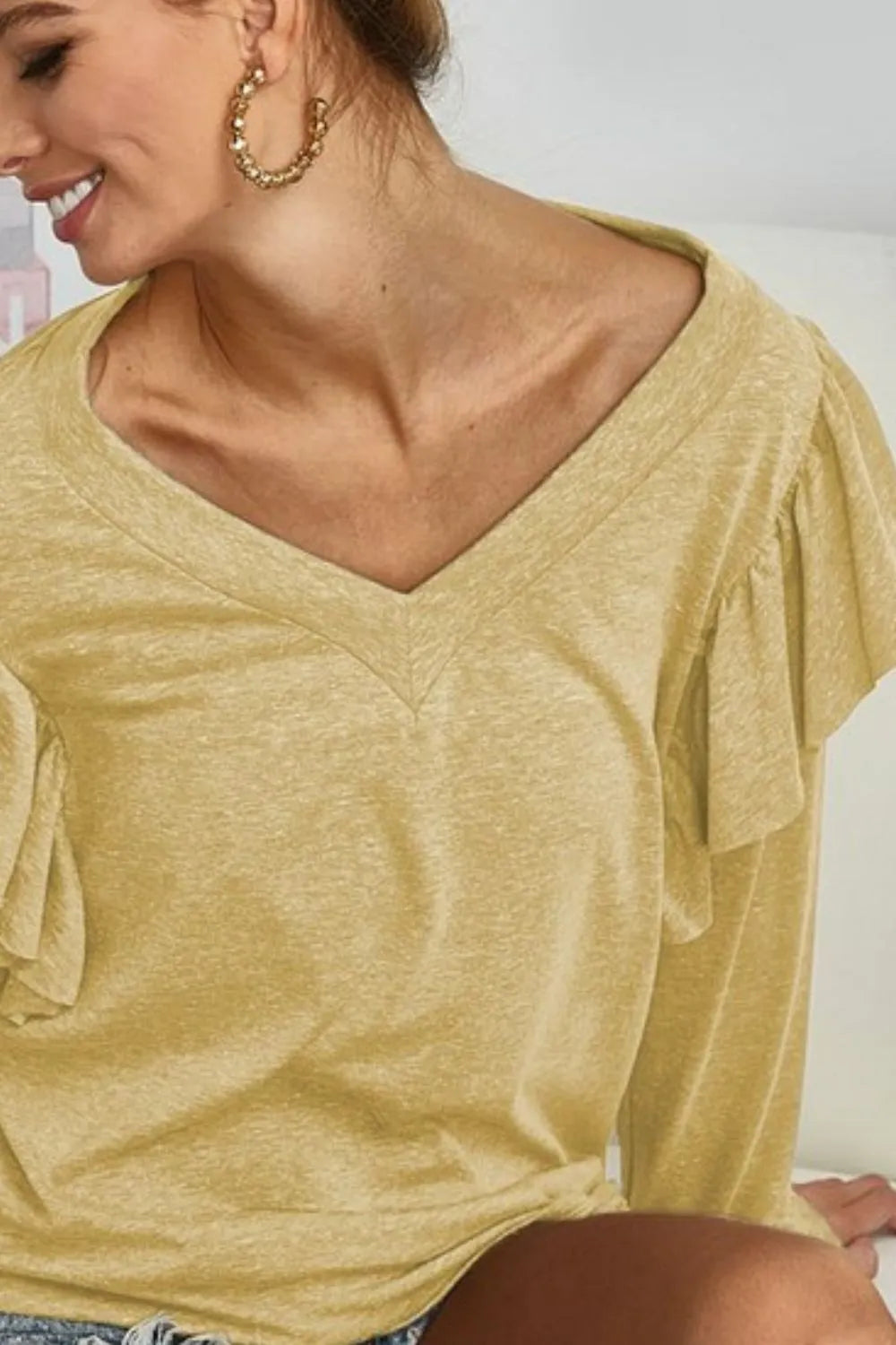 BiBi Triblend V Neck Top with Shoulder Shirring Detail - Soft Stretch Women's T-Shirt for Casual Wear, Layering & Everyday Outfits