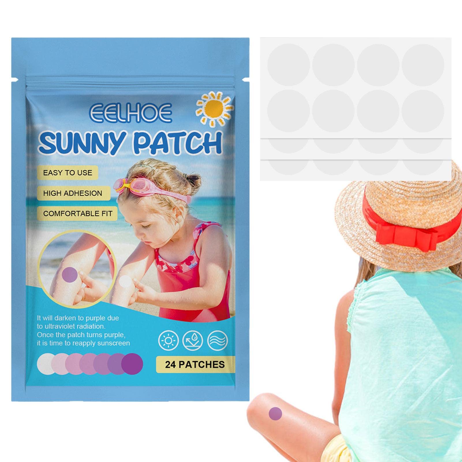 UV Sunscreen Reminder Stickers - 24 Pack Waterproof UV Detection Patches for Adults & Kids - Perfect for Swimming, Beach & Outdoor Activities