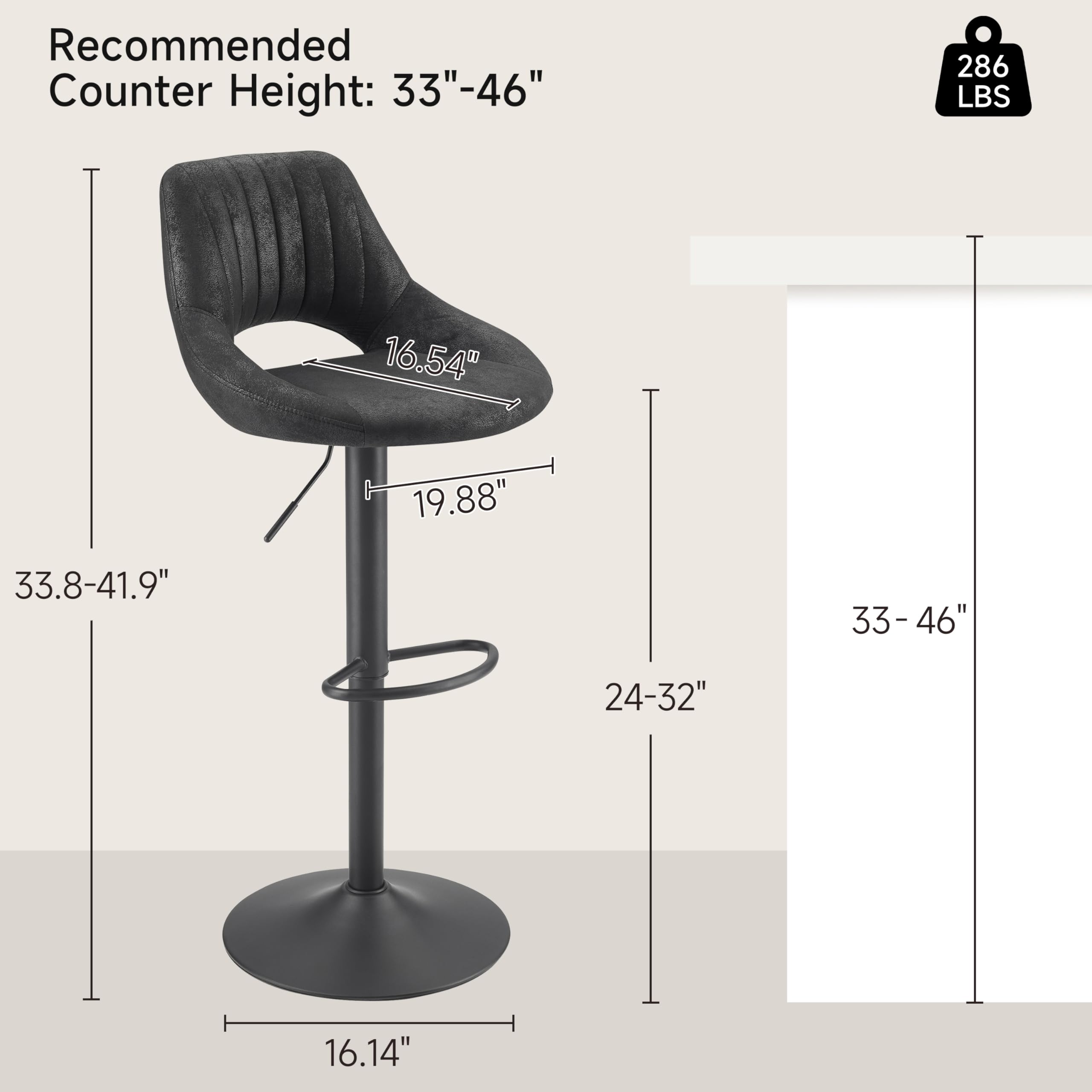 **Zouron Adjustable Swivel Bar Stools Set of 4 - Vintage Faux Suede Upholstered Counter Height Bar Chairs with Back - Perfect for Kitchen Island, Breakfast Nook & Home Bar - Black**