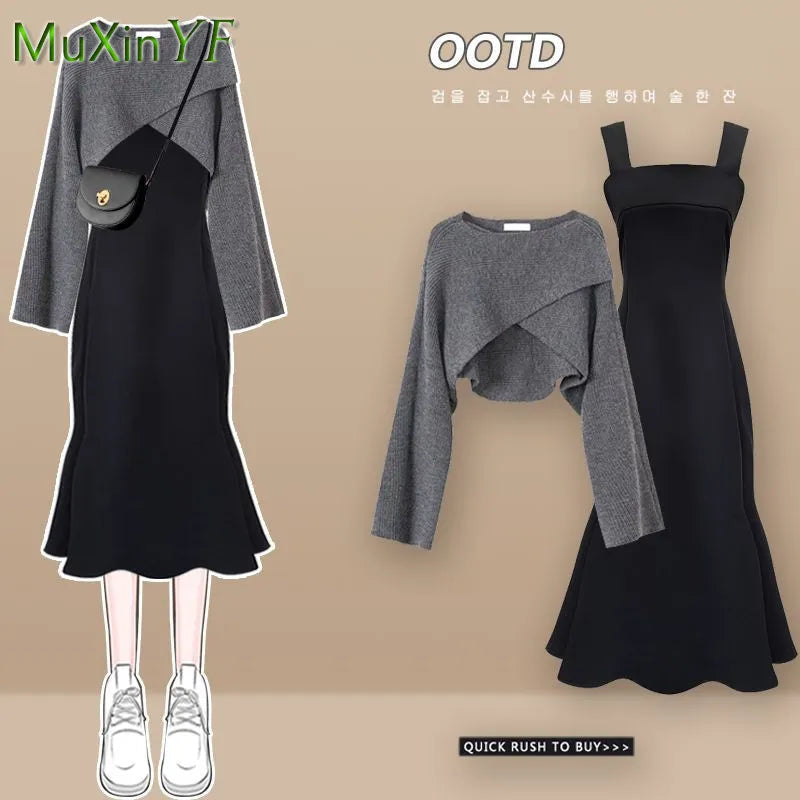 Korean Elegant Bow Cardigan & Sexy Fishtail Skirt Set - Autumn Winter Fashion Knitwear Two Piece Outfit for Women | Perfect for Date Nights, Office Wear & Holiday Parties