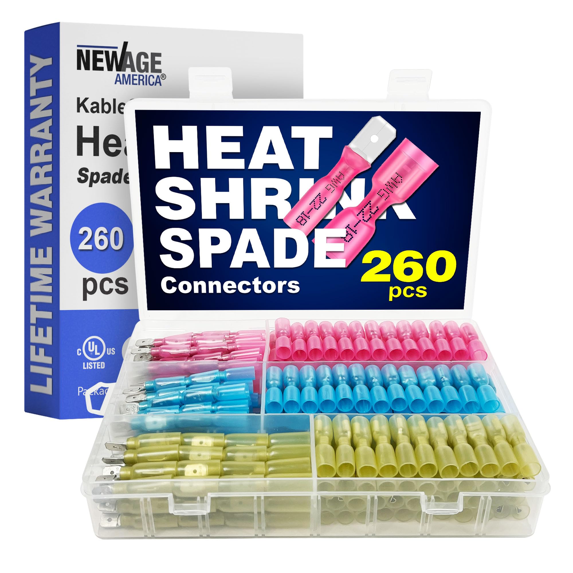 New Age America® 260pcs Heat Shrink Spade Connectors Kit - KableSeal™ Waterproof Electrical Wire Connectors (AWG 22-10) | Quick Disconnect Male Female Copper Crimp Terminals | UL Listed for Automotive, Marine & Home Wiring Projects