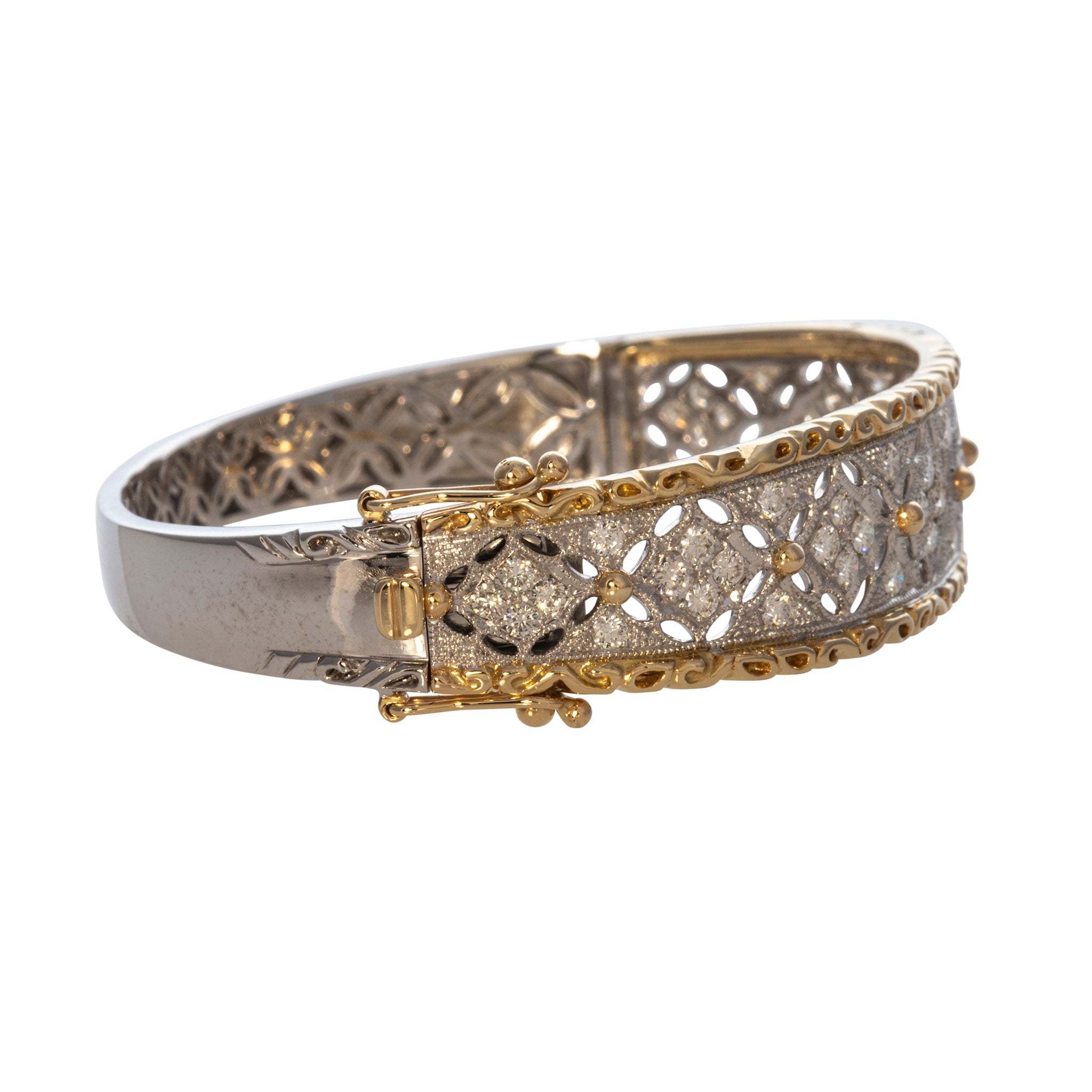2.21ctw Diamond Filigree Two-Tone 14K Gold Bangle Bracelet for Women - Elegant Jewelry Gift for Anniversary, Wedding & Special Occasions
