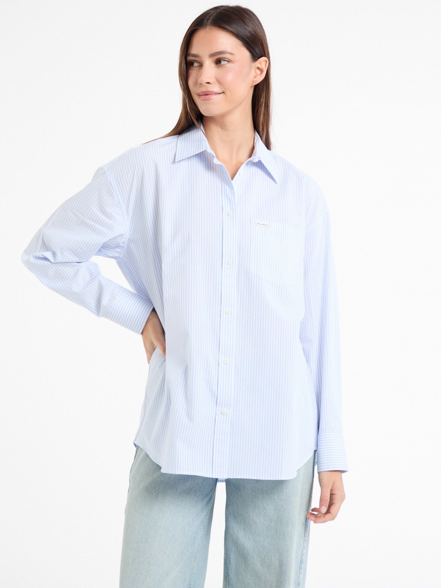 Guess Women's Blue Denim Oversized Shirt - Casual Button Down Top for Streetwear & Layered Outfits