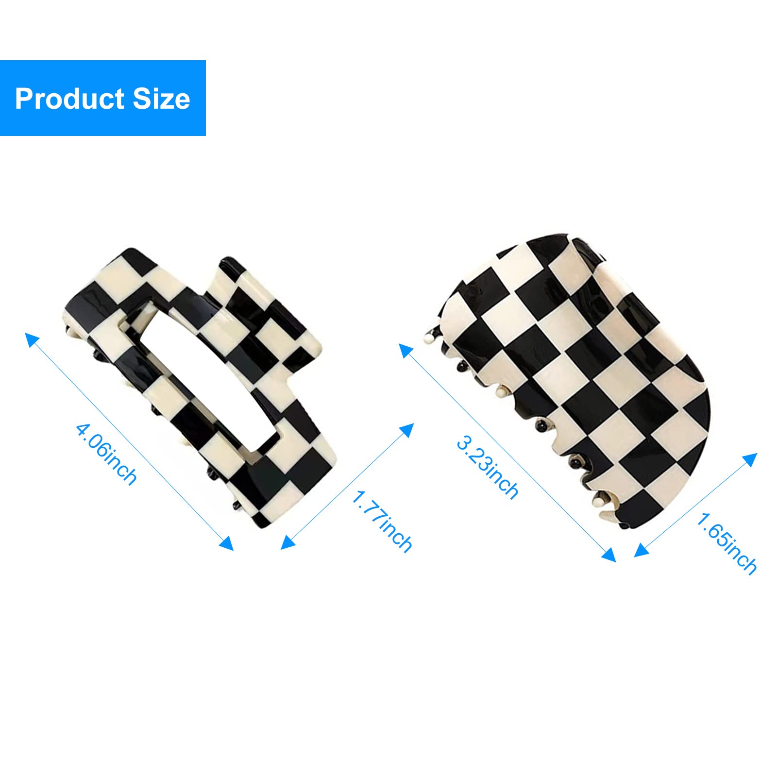 2 Pack Vintage Black and White Checker Hair Claw Clips - Acrylic Banana Barrettes Jaw Clips for Women (2 Count) - Perfect for Updos, Ponytails and Everyday Hairstyles